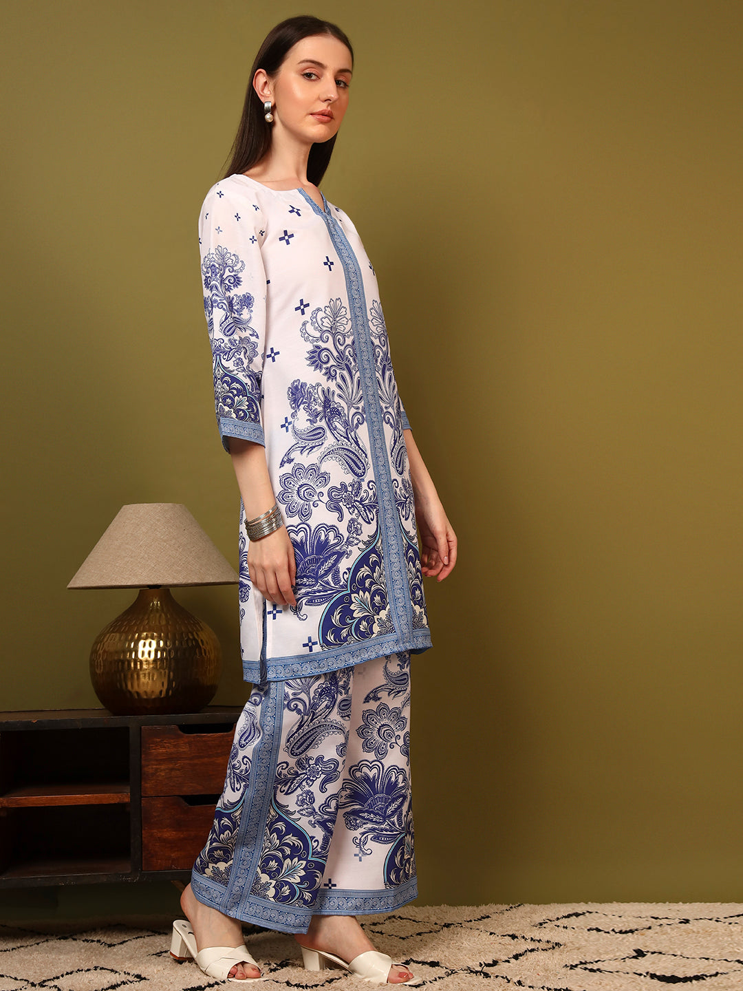 Blue White Floral Printed Co-Ord Set
