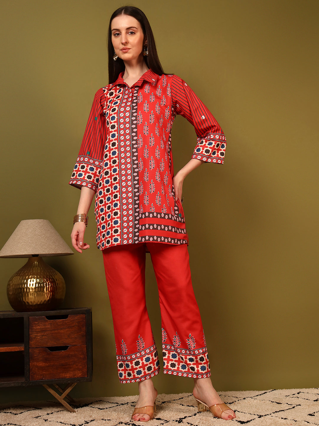 Red Heritage Ethnic Co-Ord Set for Women