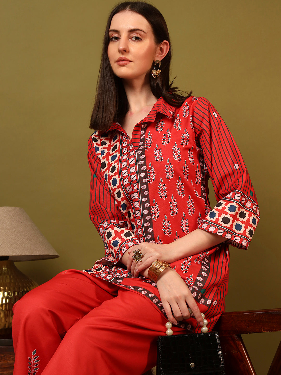Red Heritage Ethnic Co-Ord Set for Women