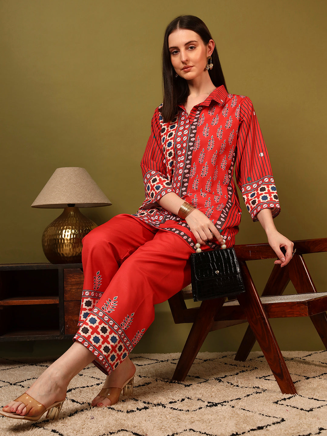 Red Heritage Ethnic Co-Ord Set for Women