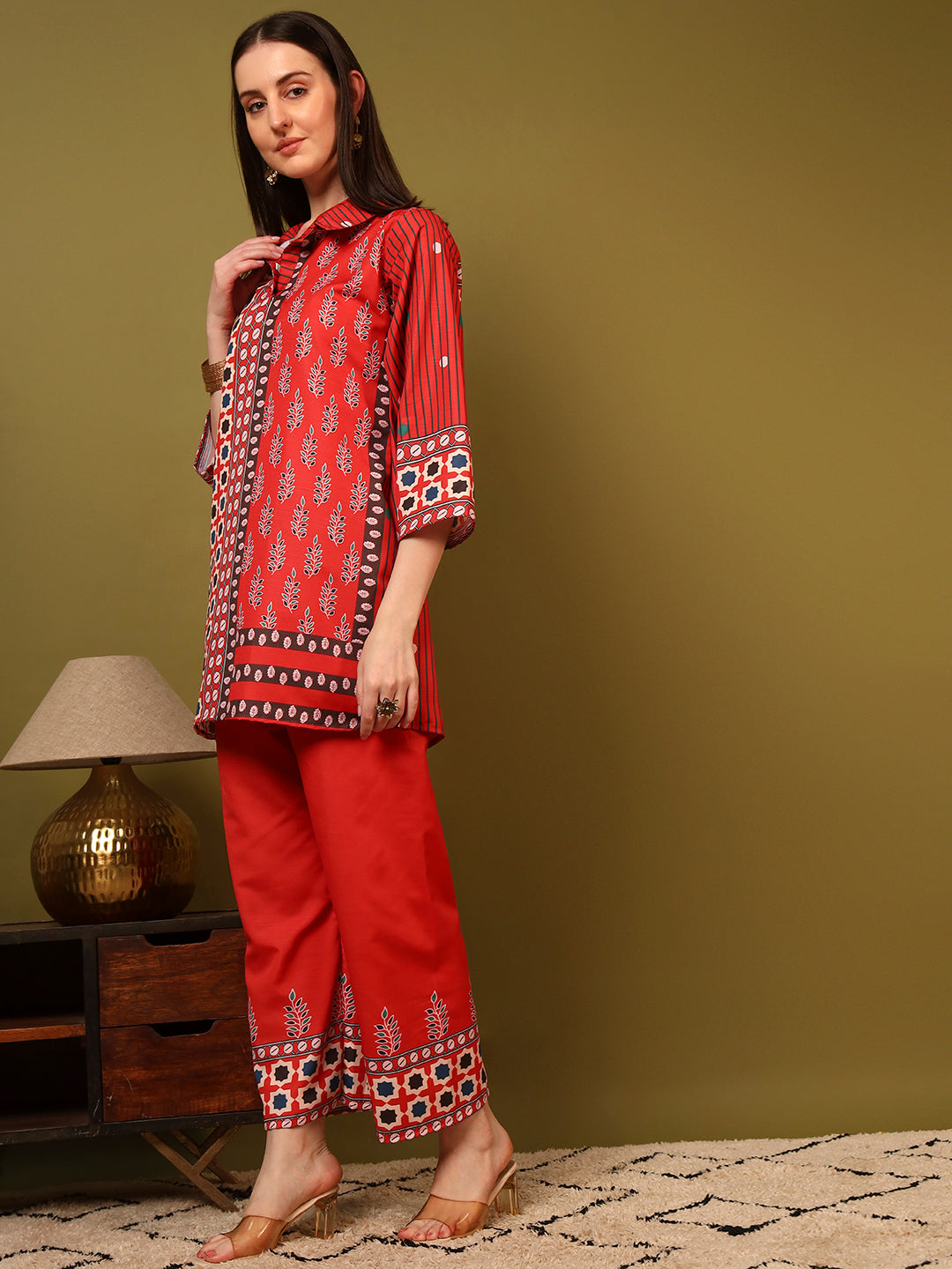 Red Heritage Ethnic Co-Ord Set for Women