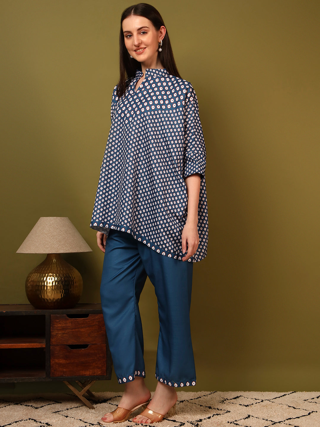 Navy Blue Geometric Printed Casual Co-Ord Set for Women
