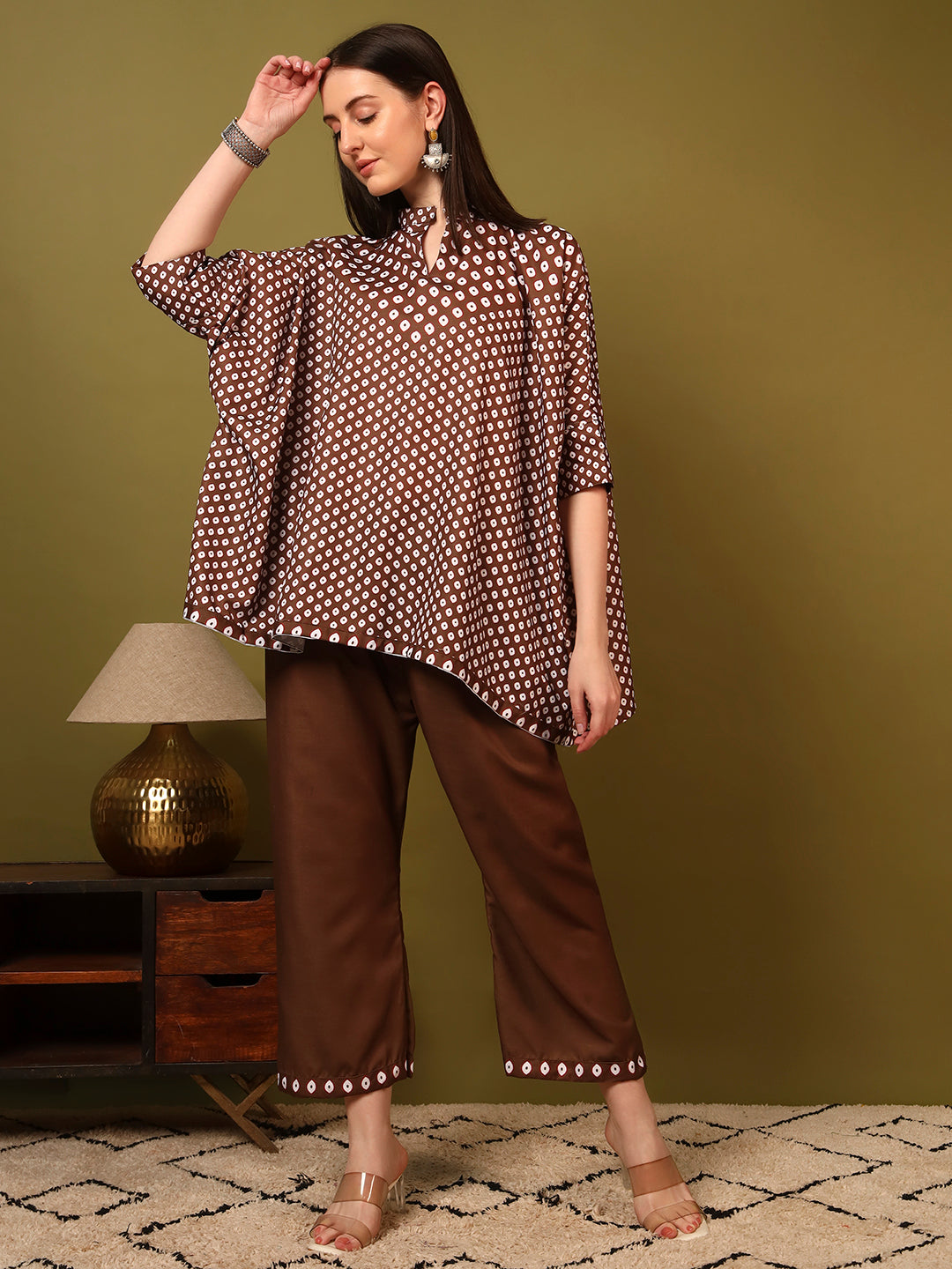 Coffee Geometric Printed Casual Co-Ord Set for Women