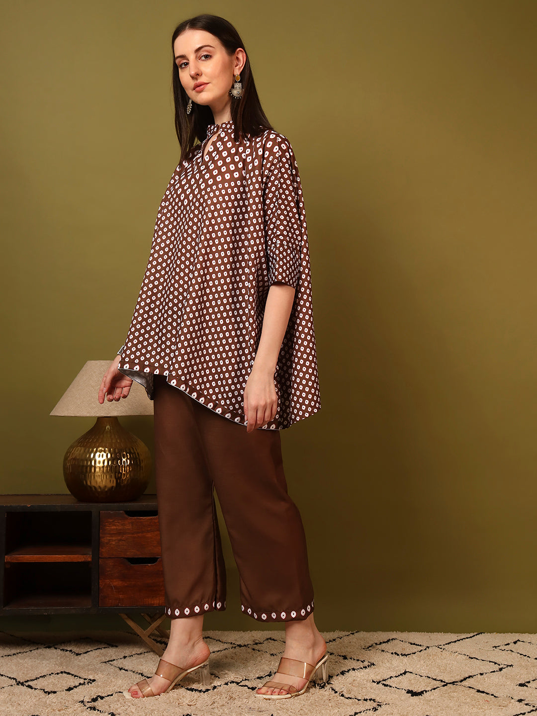 Coffee Geometric Printed Casual Co-Ord Set for Women