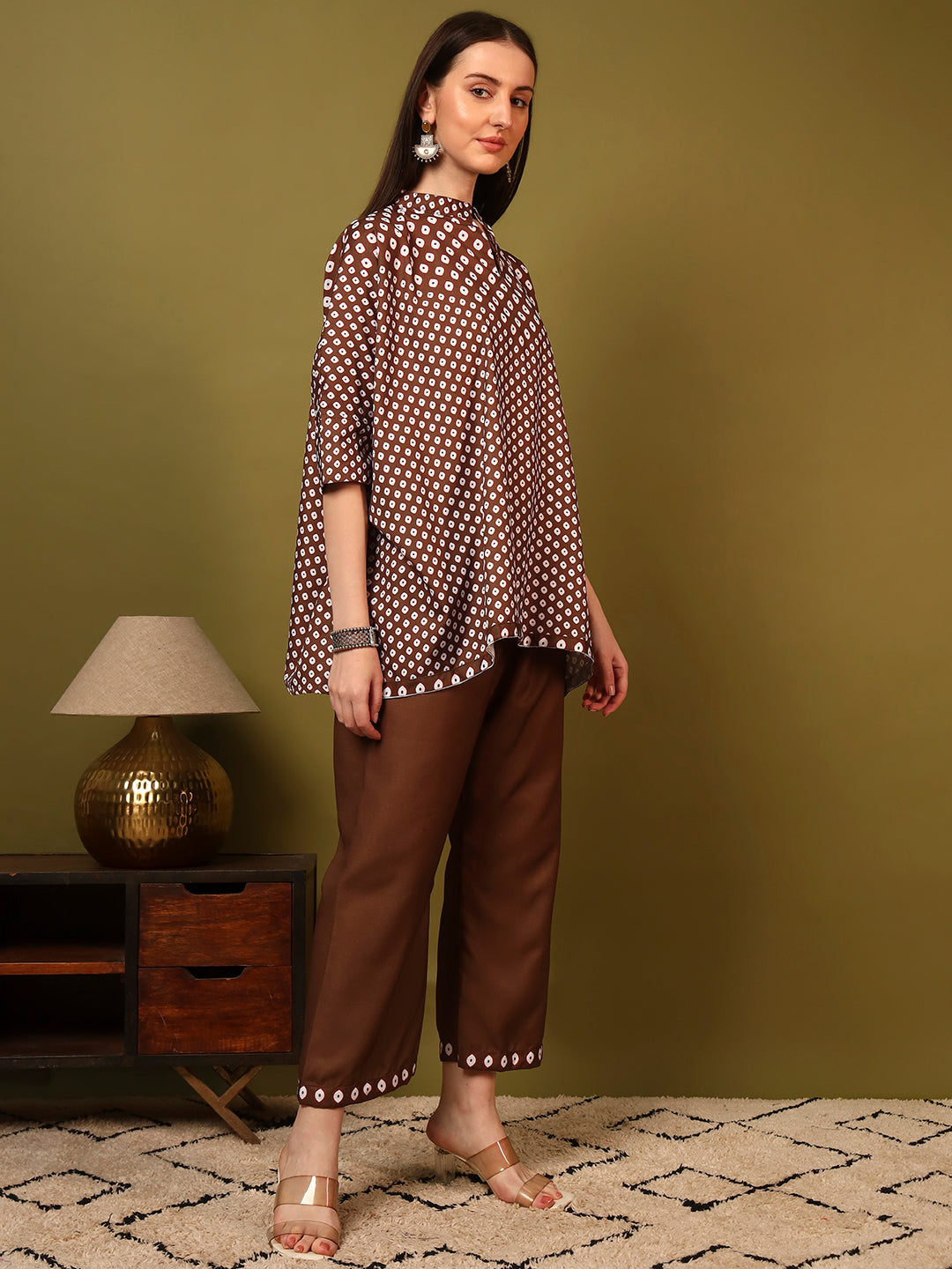 Coffee Geometric Printed Casual Co-Ord Set for Women
