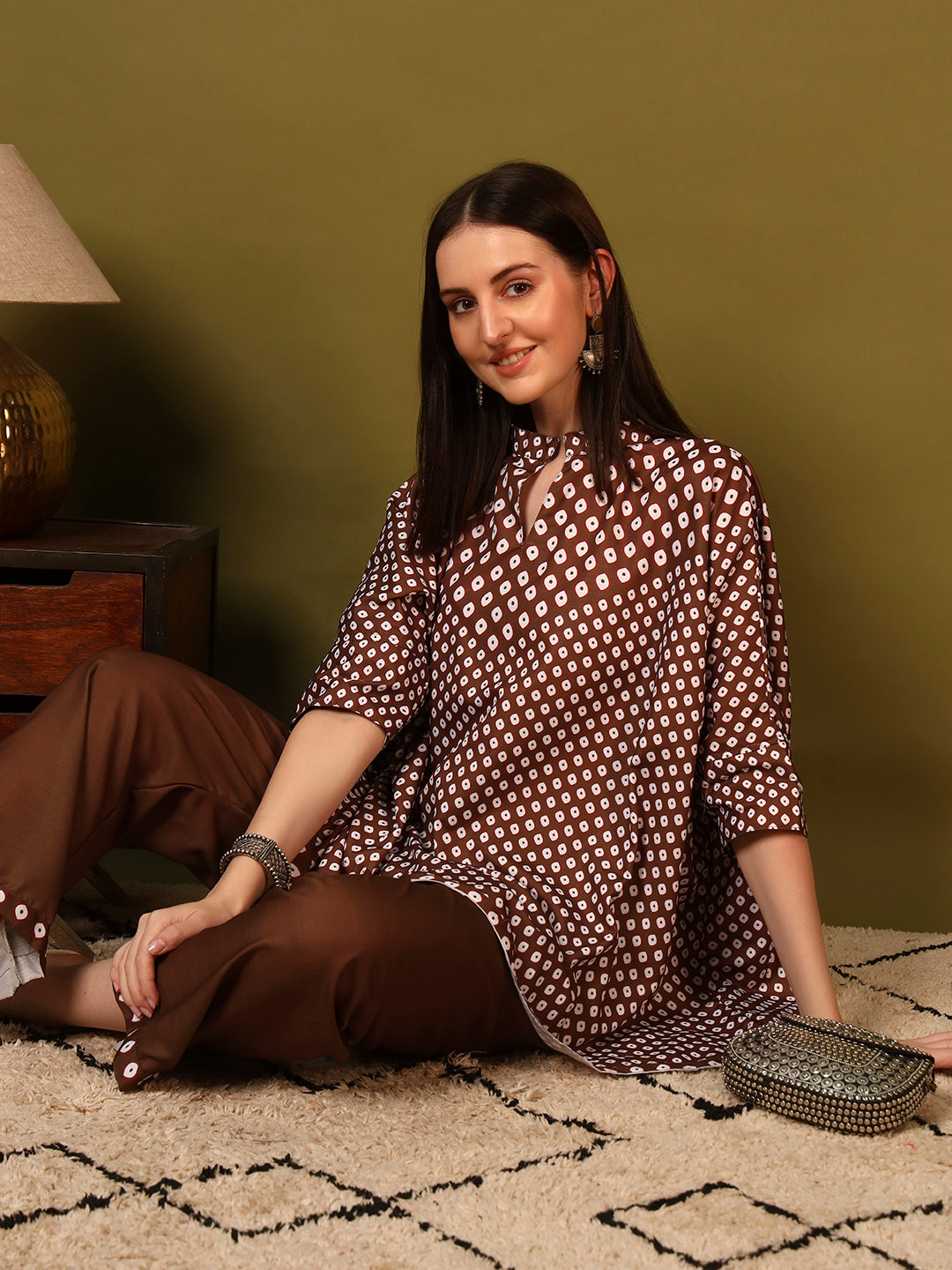 Coffee Geometric Printed Casual Co-Ord Set for Women