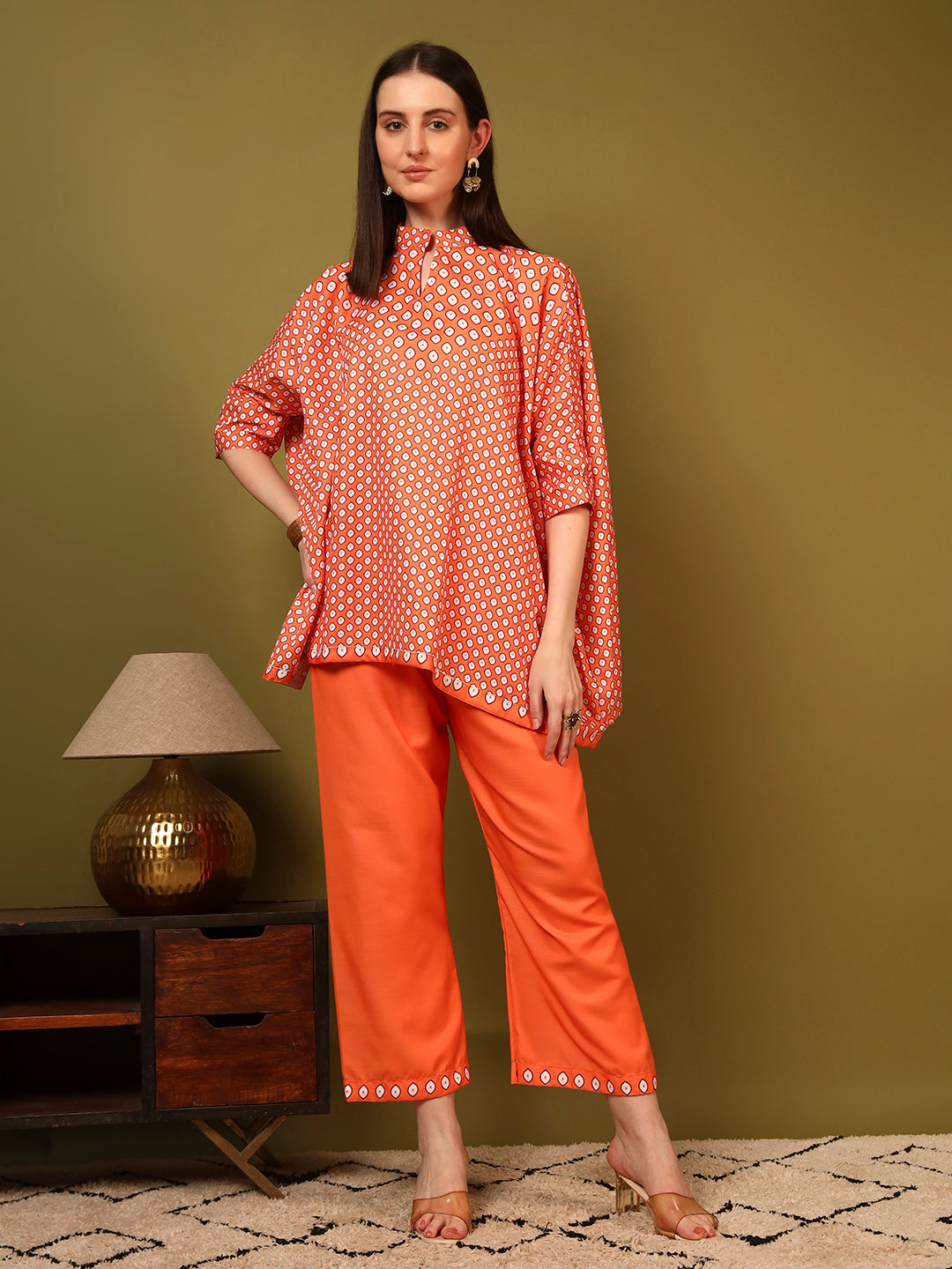 Orange Geometric Printed Casual Co-Ord Set for Women