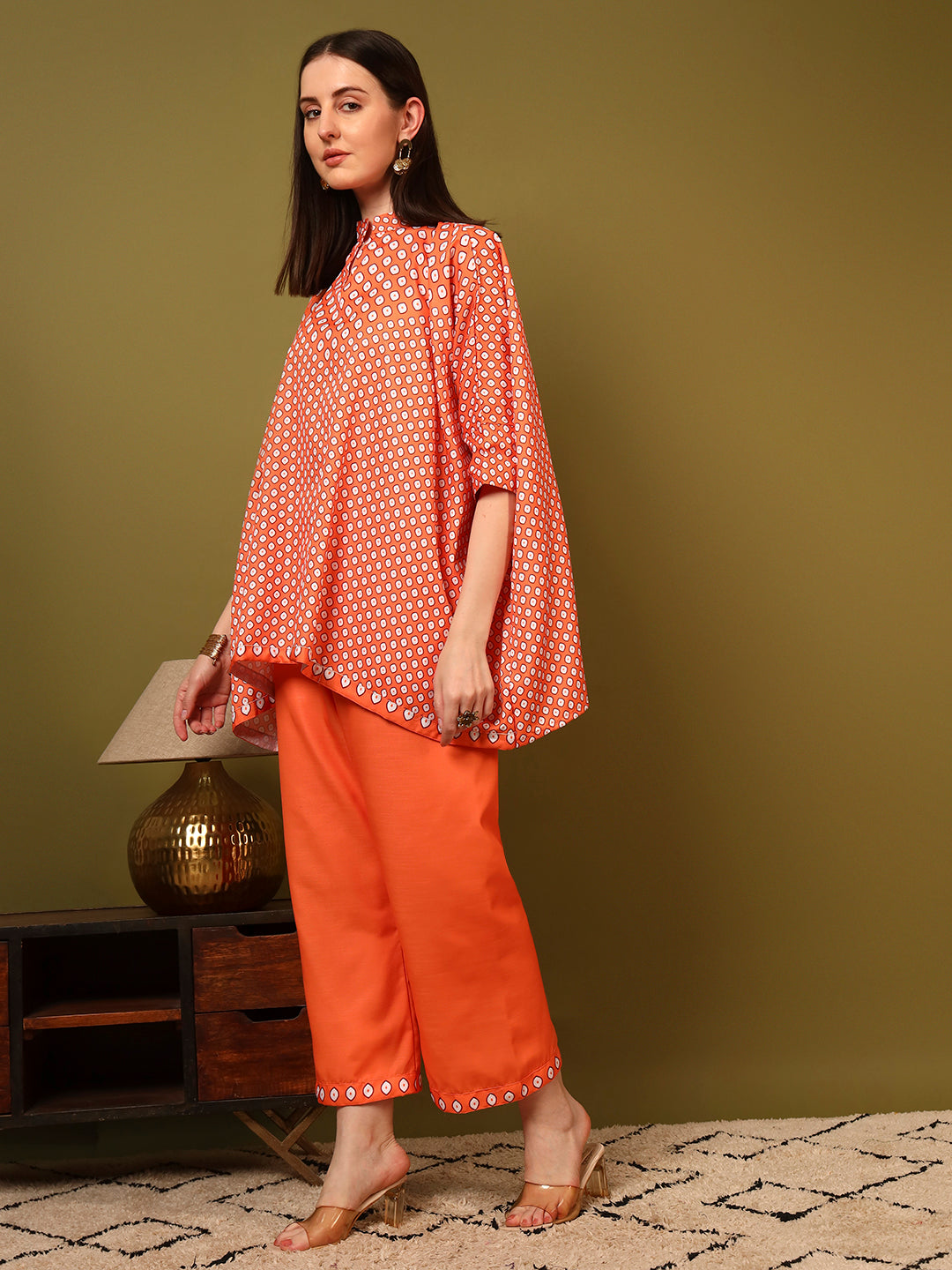 Orange Geometric Printed Casual Co-Ord Set for Women