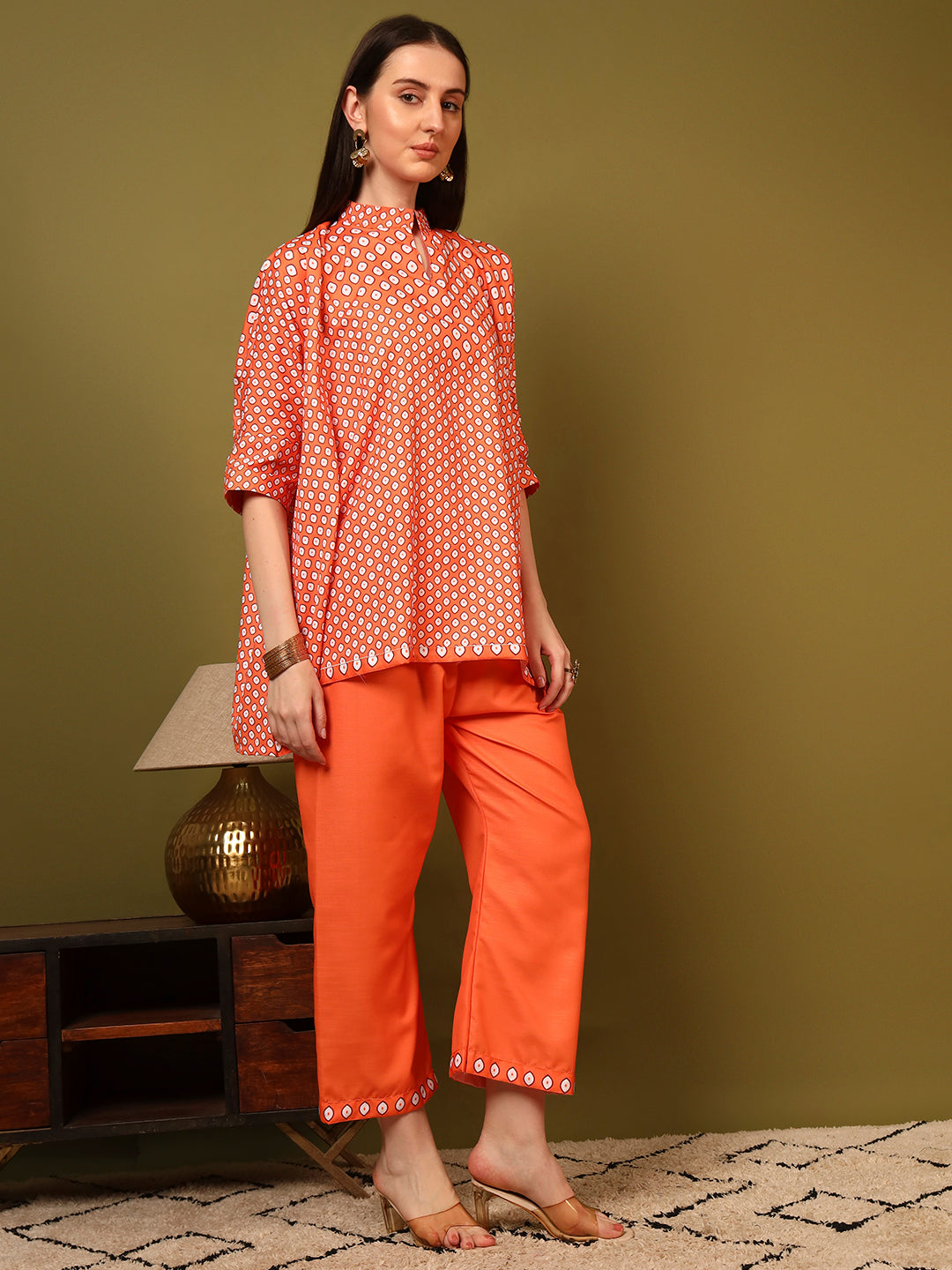 Orange Geometric Printed Casual Co-Ord Set for Women