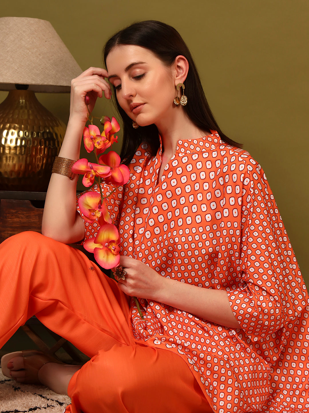 Orange Geometric Printed Casual Co-Ord Set for Women