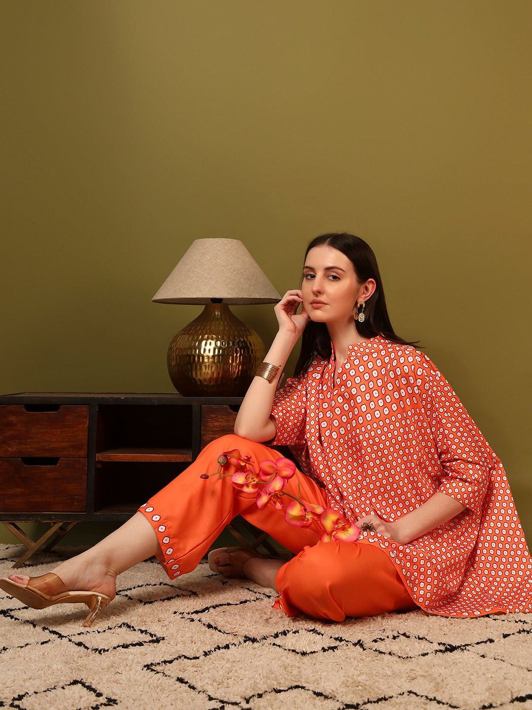 Orange Geometric Printed Casual Co-Ord Set for Women