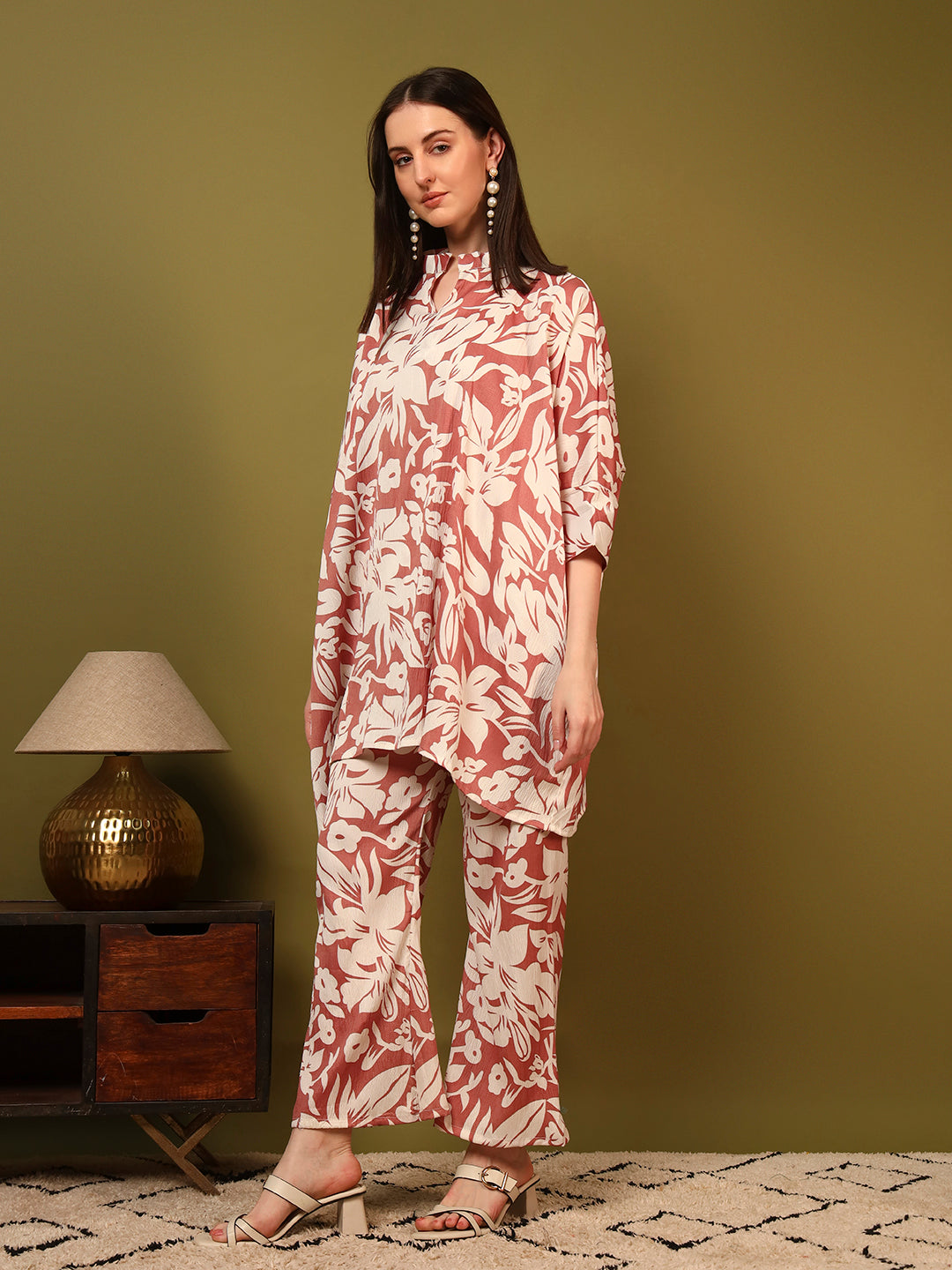 Brown Floral Statement Printed Casual Co-Ord Set for Women