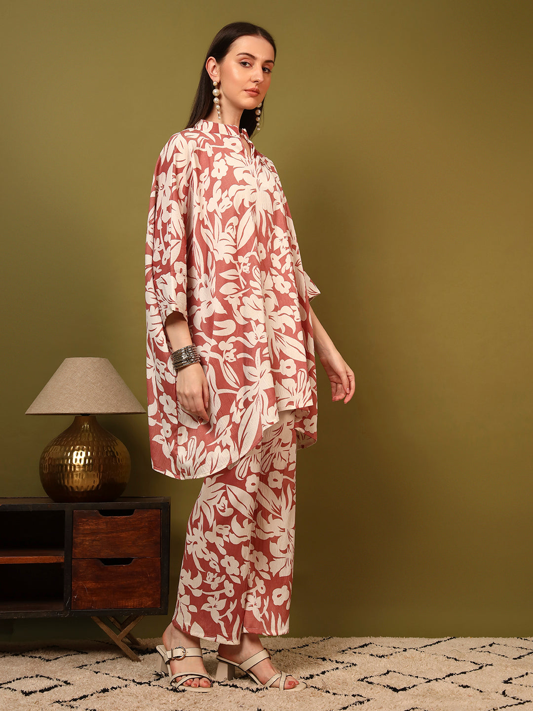 Brown Floral Statement Printed Casual Co-Ord Set for Women