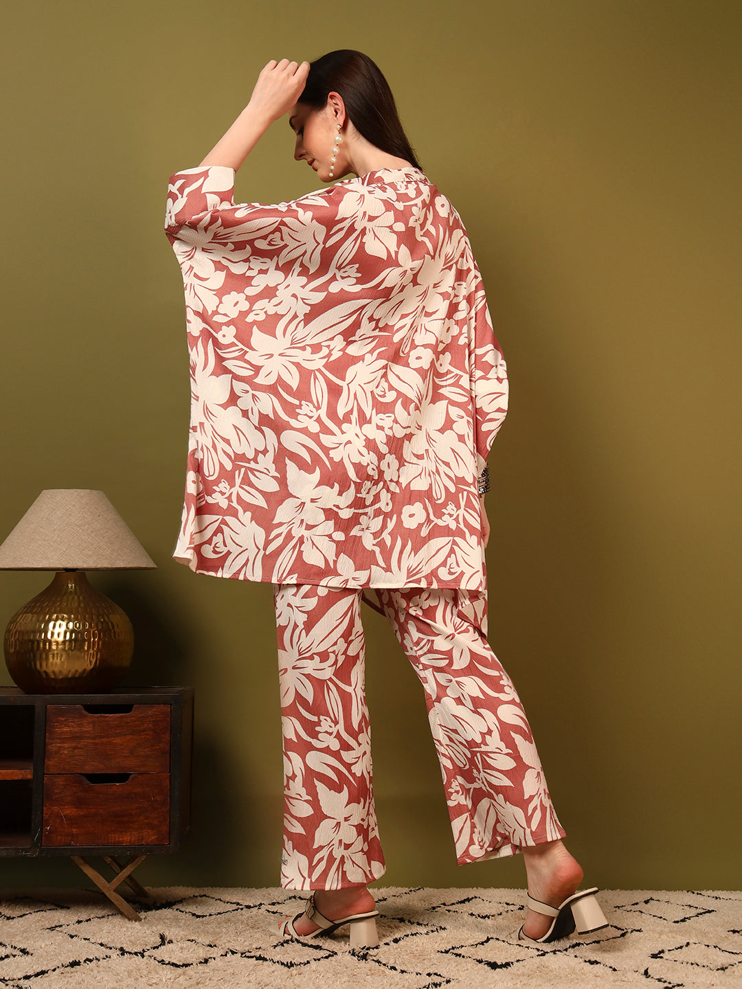 Brown Floral Statement Printed Casual Co-Ord Set for Women
