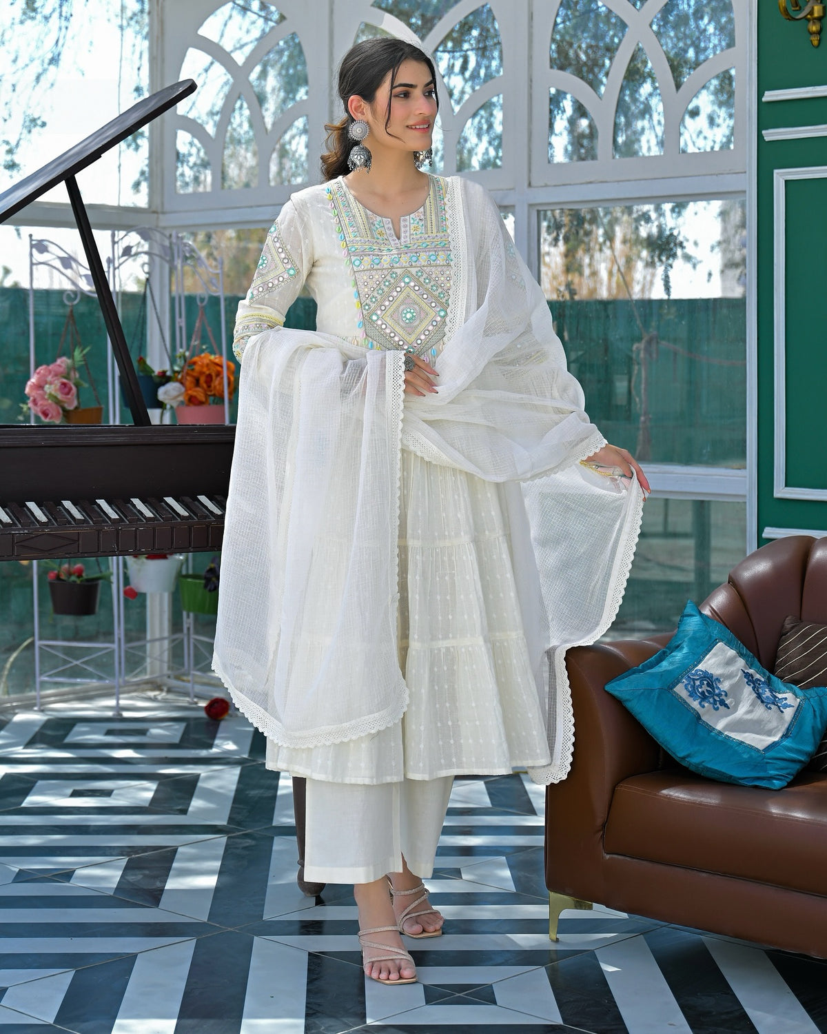 Chahat Off White Silk Anarkali Kurta Set with Dupatta for Women
