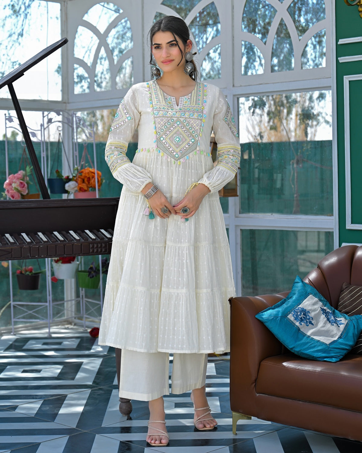 Chahat Off White Silk Anarkali Kurta Set with Dupatta for Women
