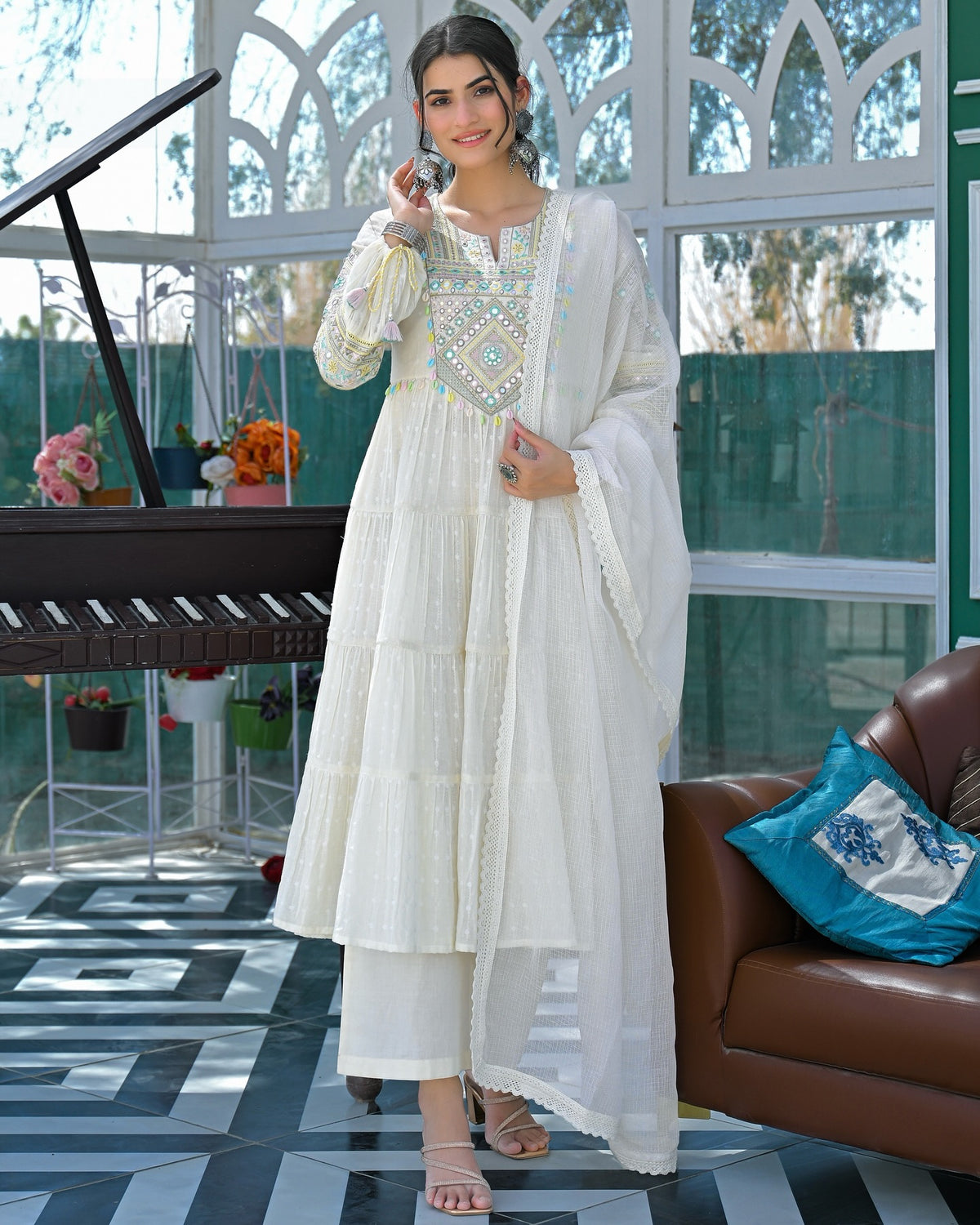 Chahat Off White Silk Anarkali Kurta Set with Dupatta for Women