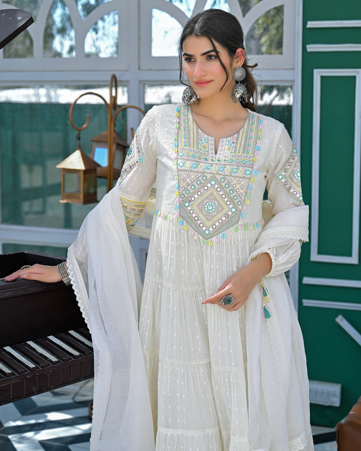 Chahat Off White Silk Anarkali Kurta Set with Dupatta for Women