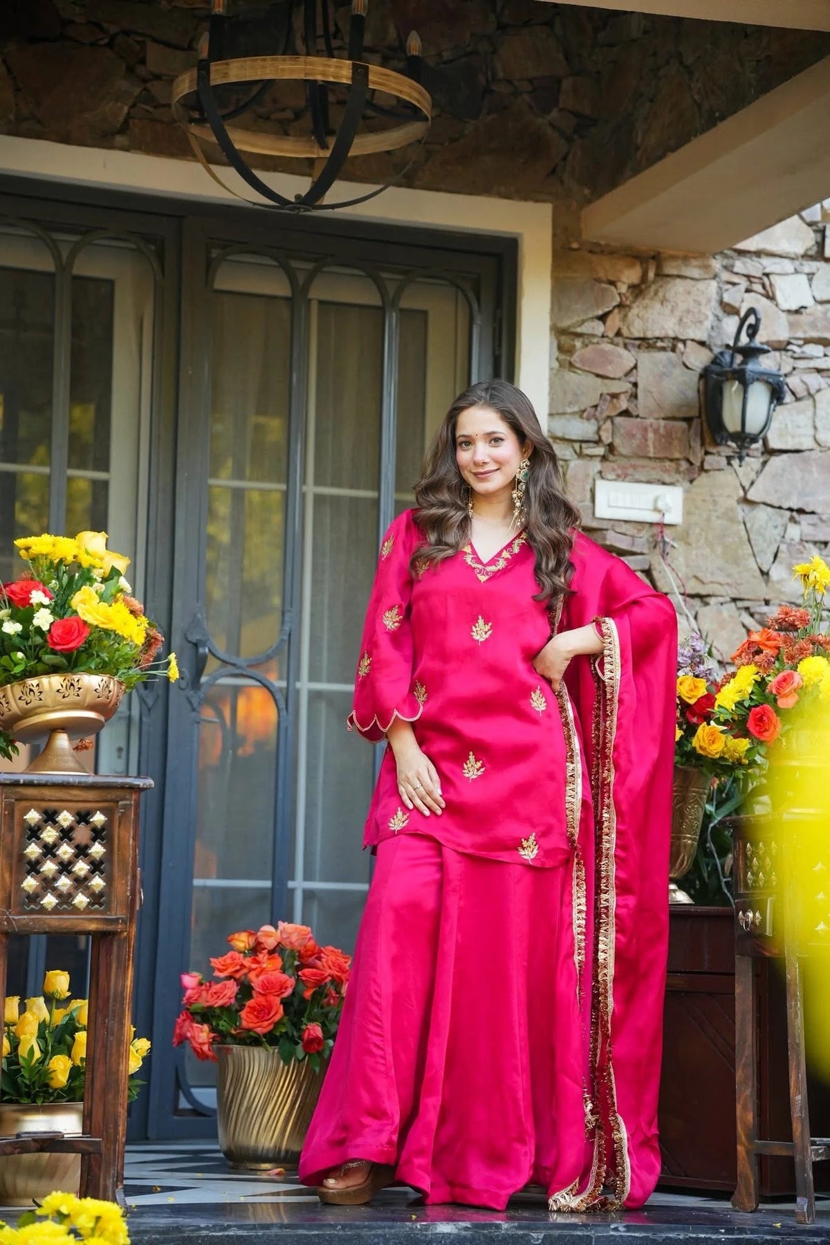 Rani Pink Silk Embroidered Peplum Sharara Set With Dupatta For Women
