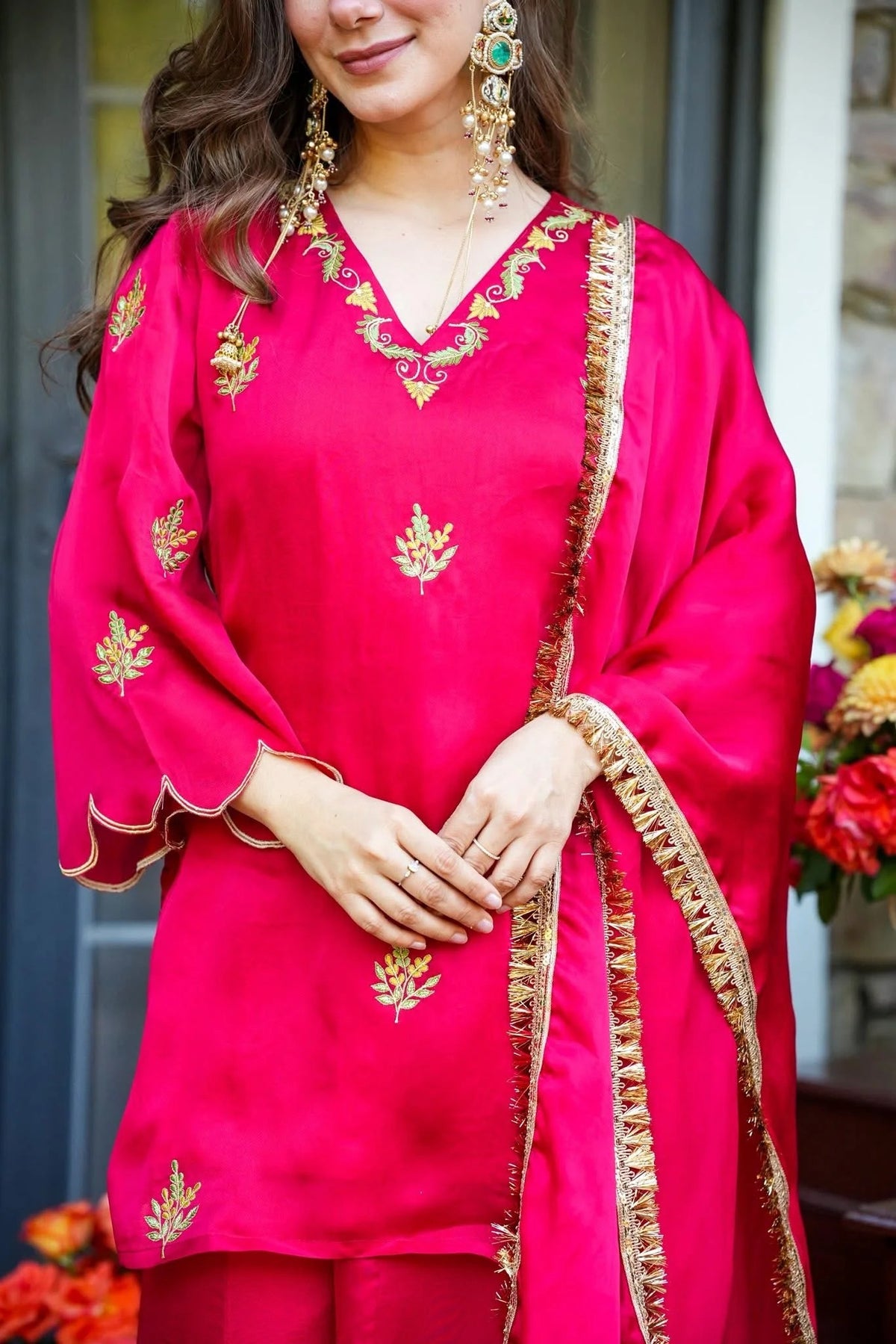 Rani Pink Silk Embroidered Peplum Sharara Set With Dupatta For Women