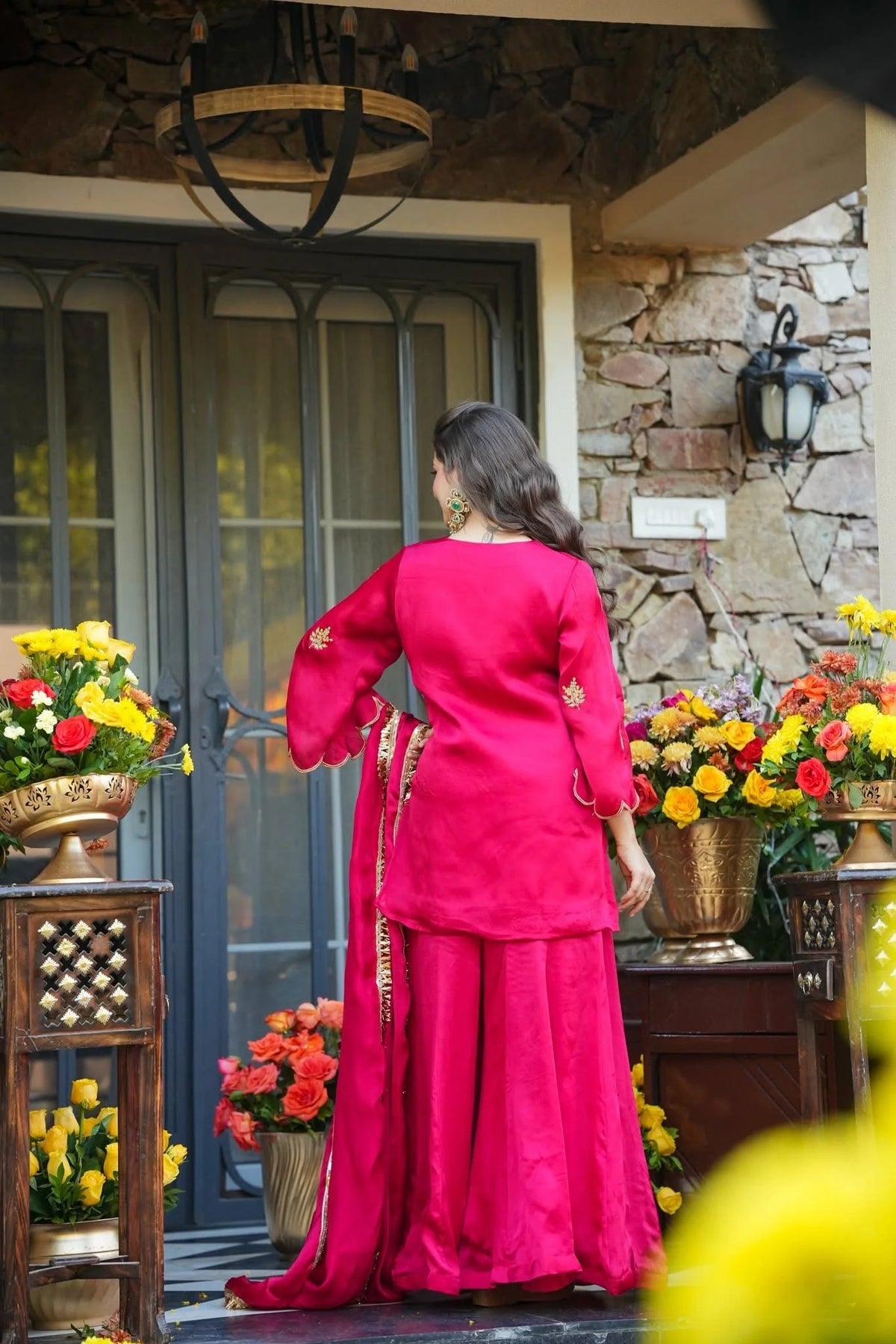 Rani Pink Silk Embroidered Peplum Sharara Set With Dupatta For Women
