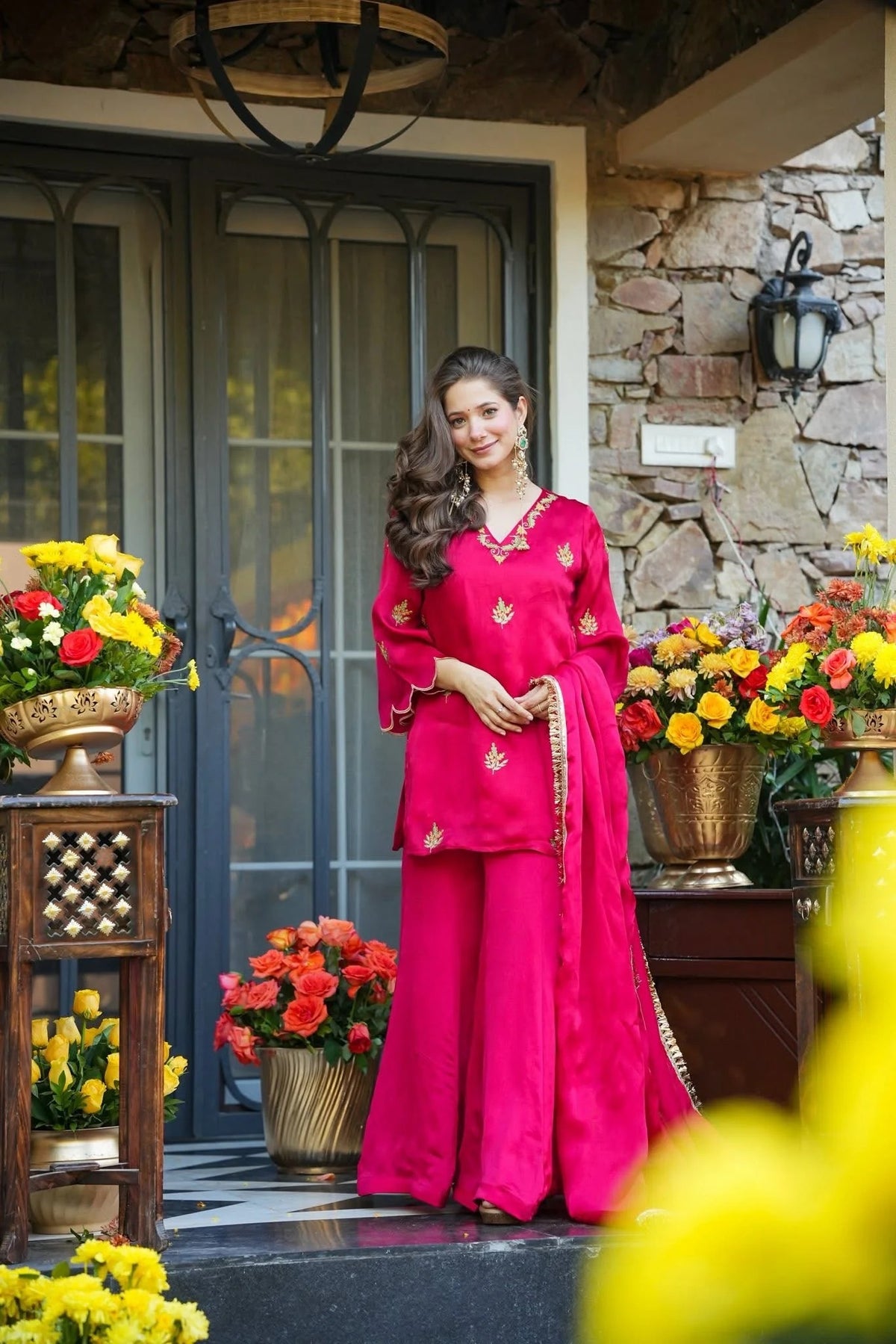 Rani Pink Silk Embroidered Peplum Sharara Set With Dupatta For Women