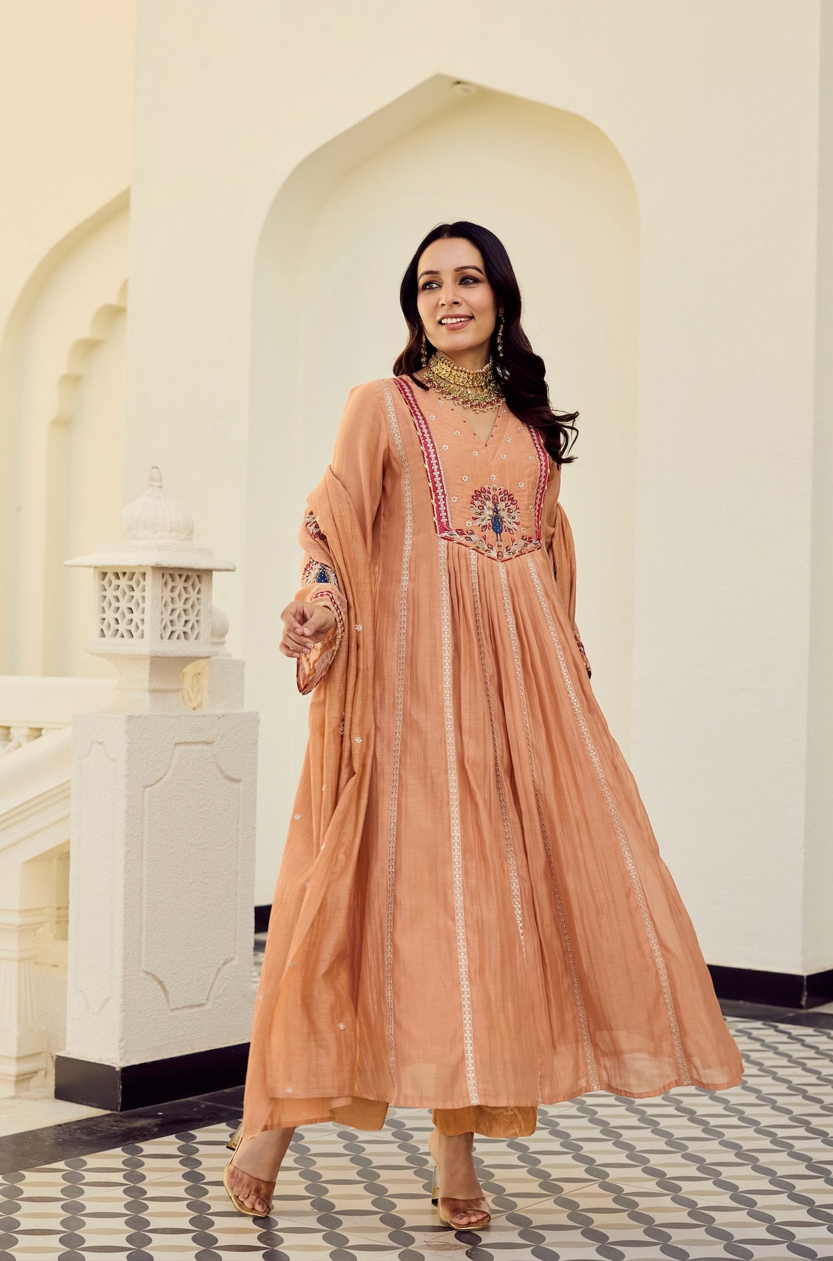 Chery Peach Silk Anarkali Kurta Set with Dupatta for Women