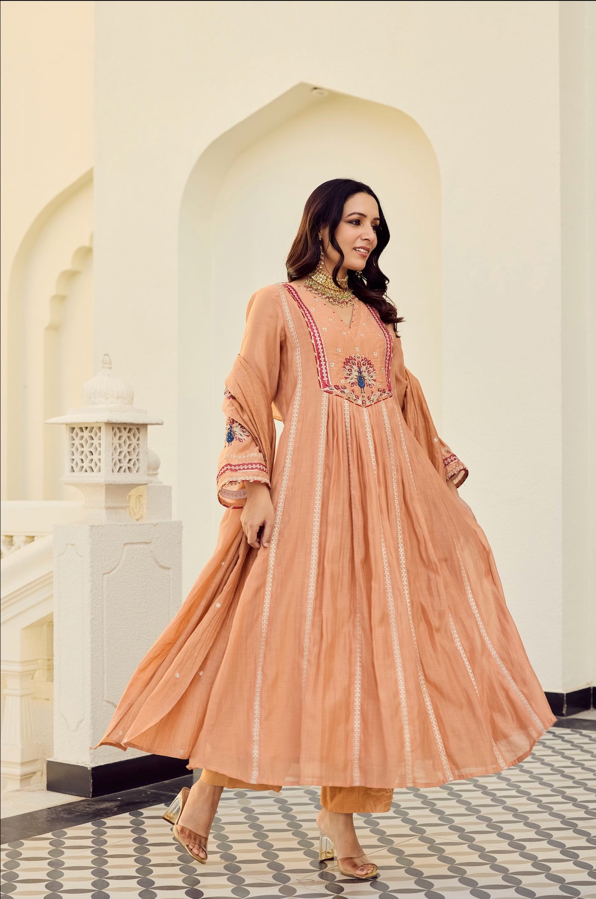 Chery Peach Silk Anarkali Kurta Set with Dupatta for Women