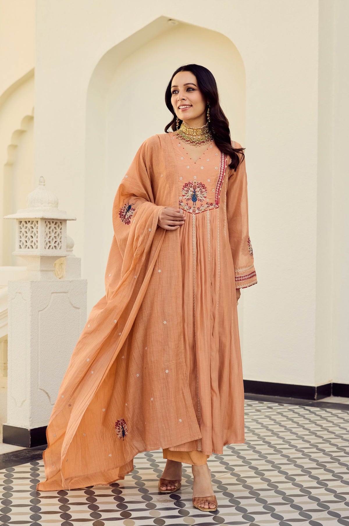 Chery Peach Silk Anarkali Kurta Set with Dupatta for Women