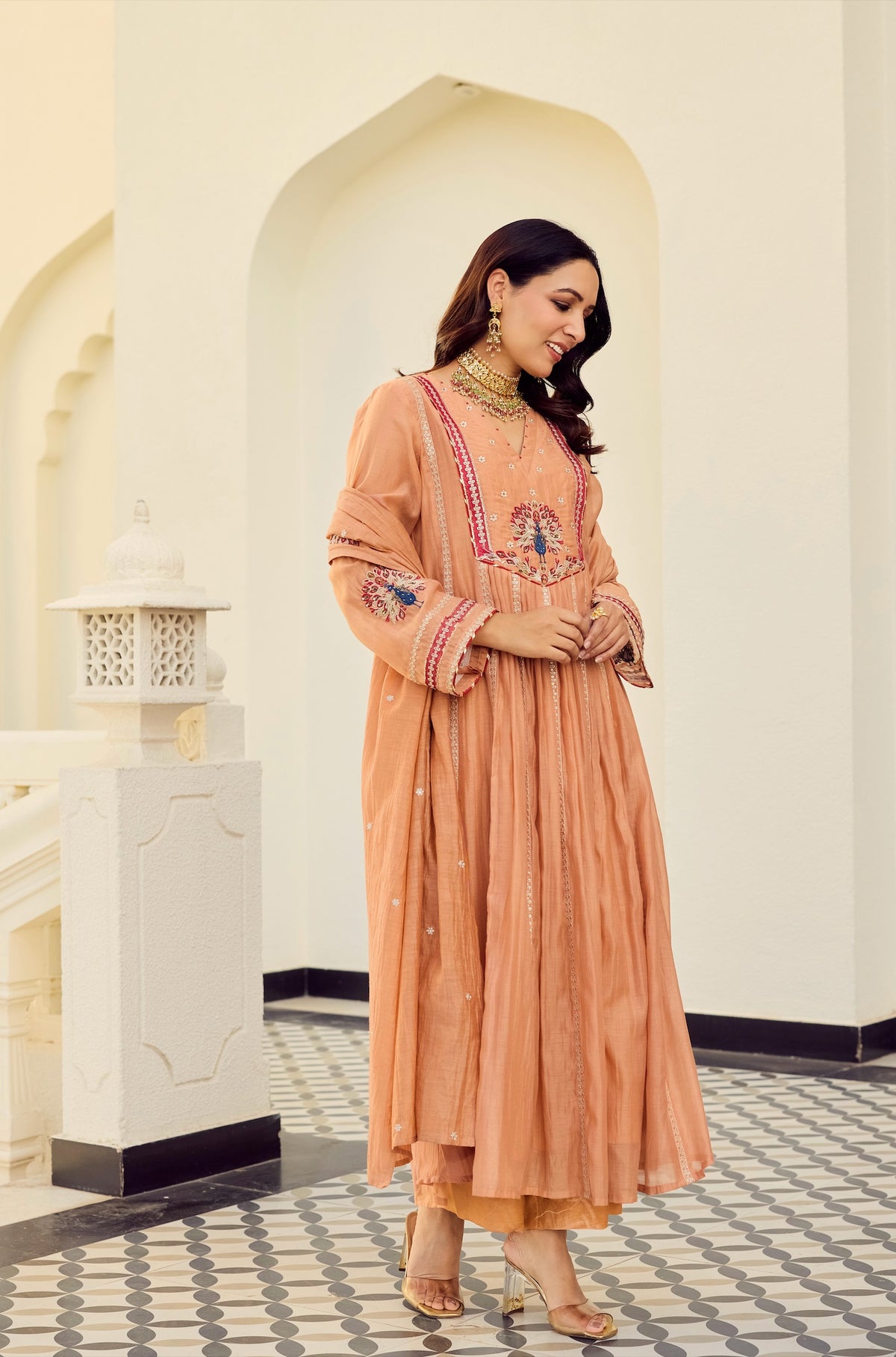Chery Peach Silk Anarkali Kurta Set with Dupatta for Women