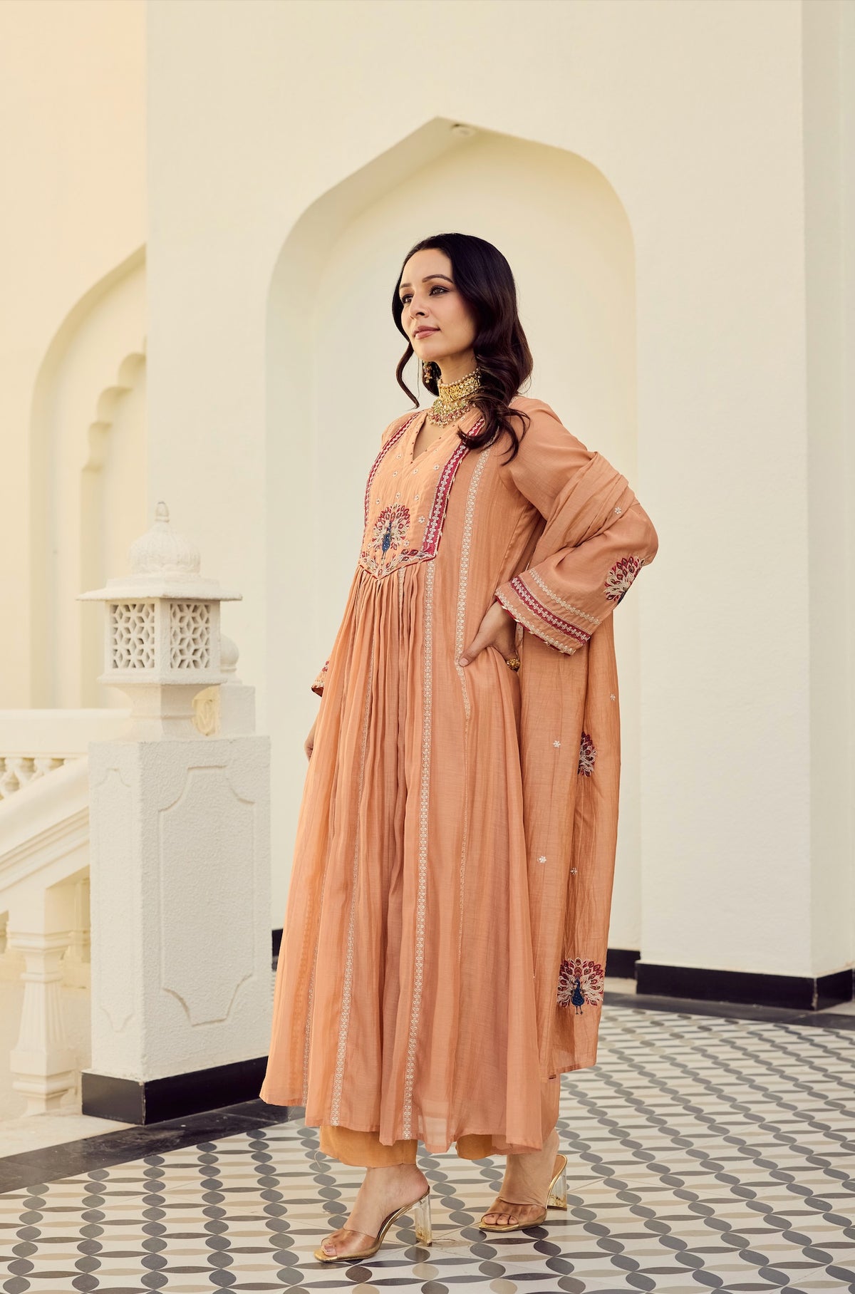 Chery Peach Silk Anarkali Kurta Set with Dupatta for Women
