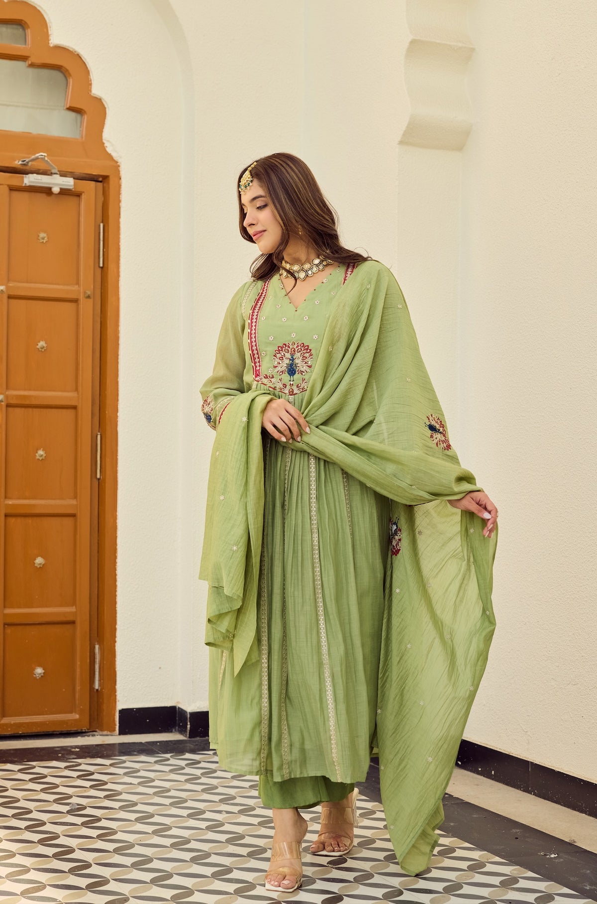 Mint Green Embroidered Silk Anarkali Kurta With Dupatta Set For Women