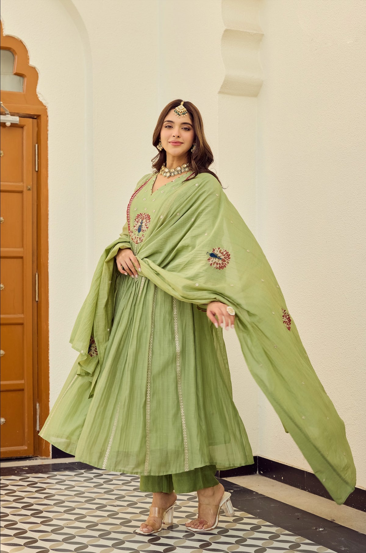 Mint Green Embroidered Silk Anarkali Kurta With Dupatta Set For Women