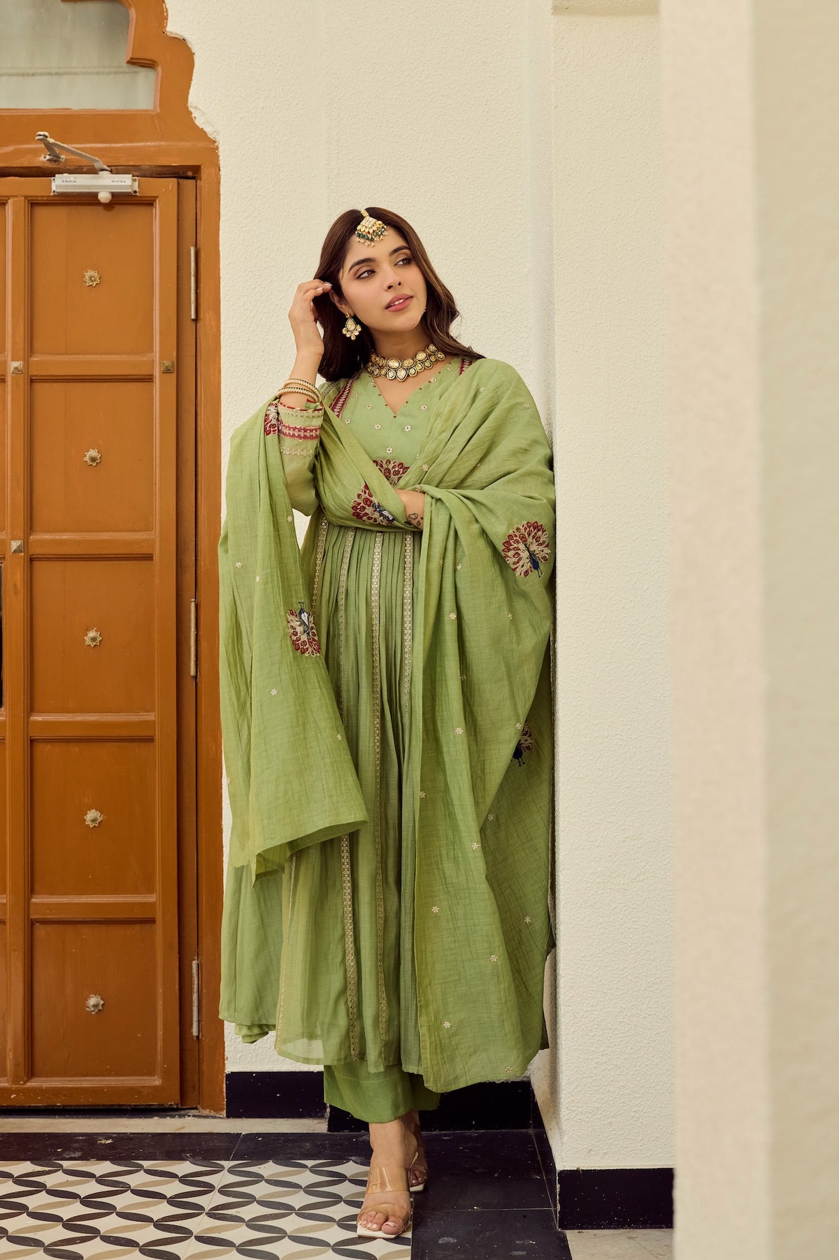 Mint Green Embroidered Silk Anarkali Kurta With Dupatta Set For Women