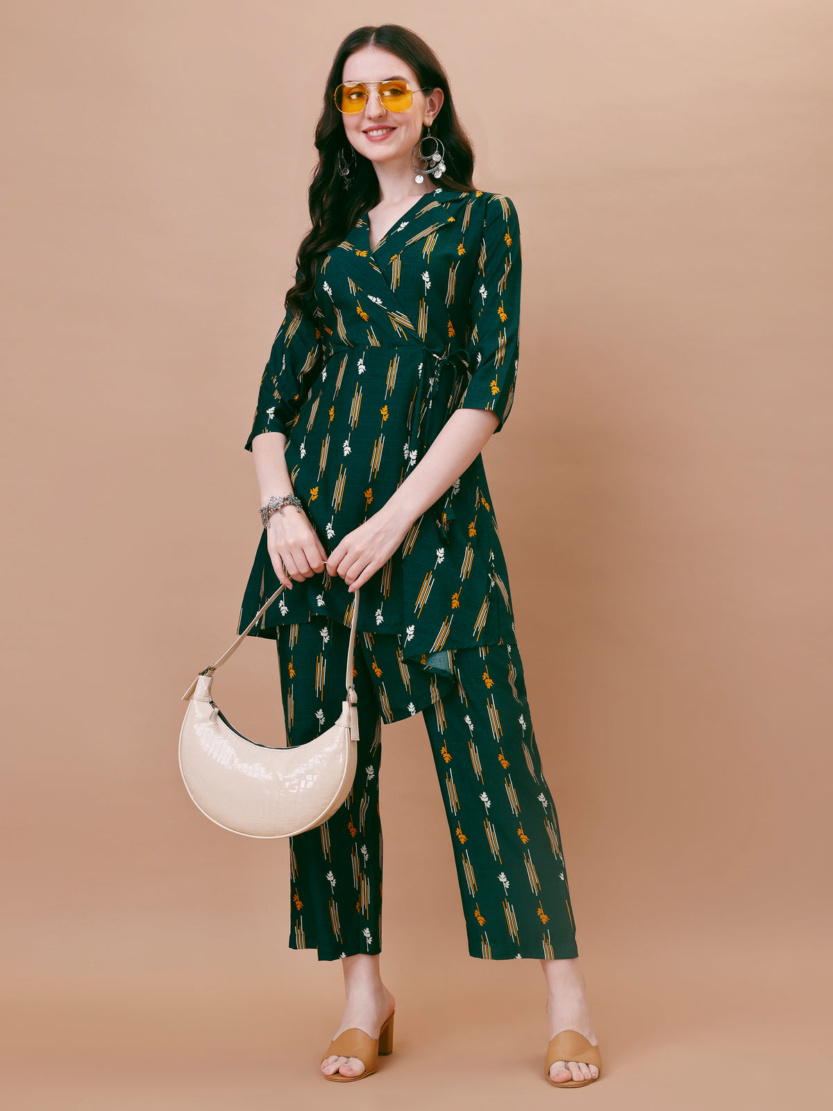 Bottle Green Printed Flared Co-Ord Set