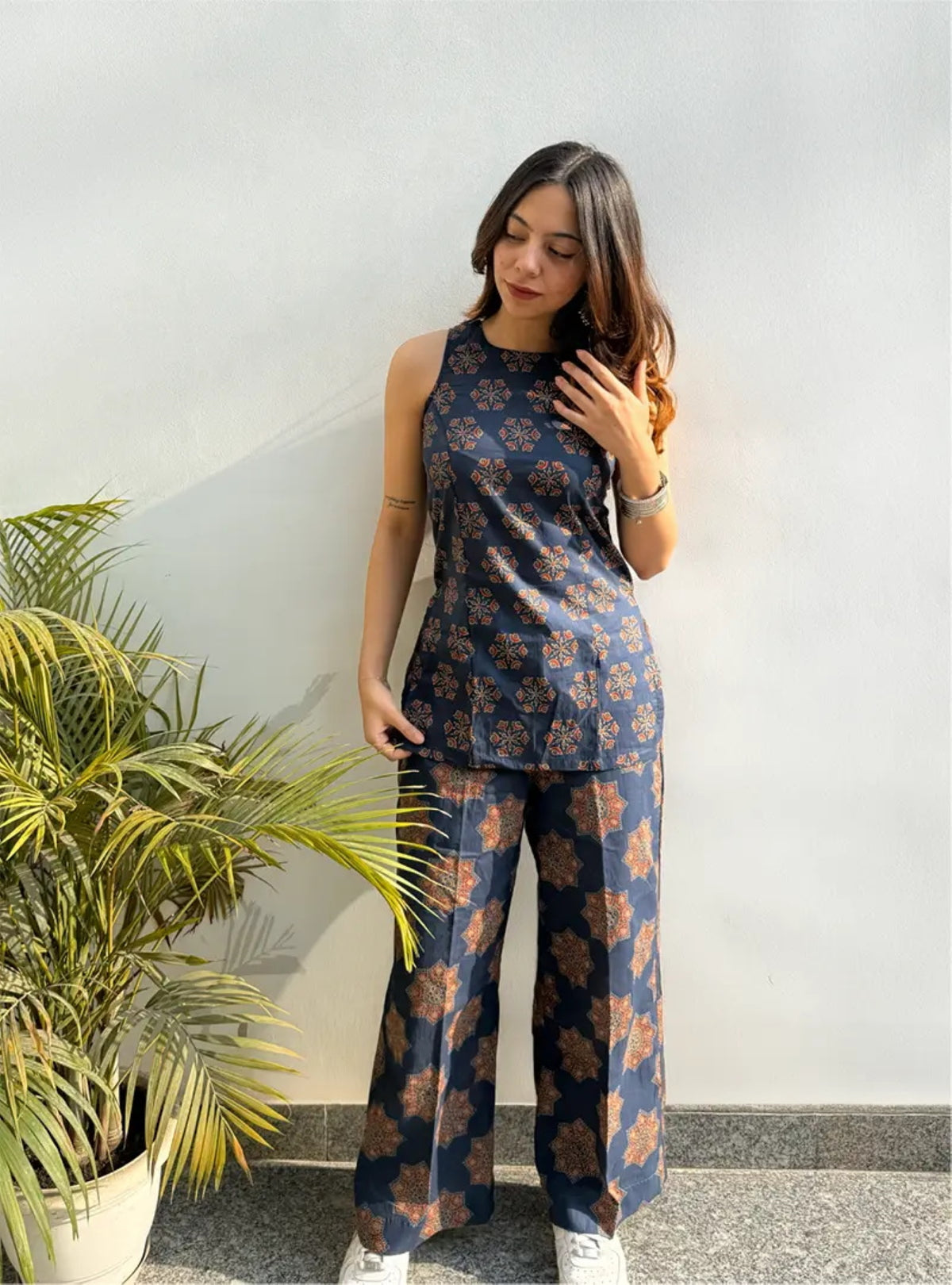 Navy Blue Floral Printed Regular Top with Palazzos