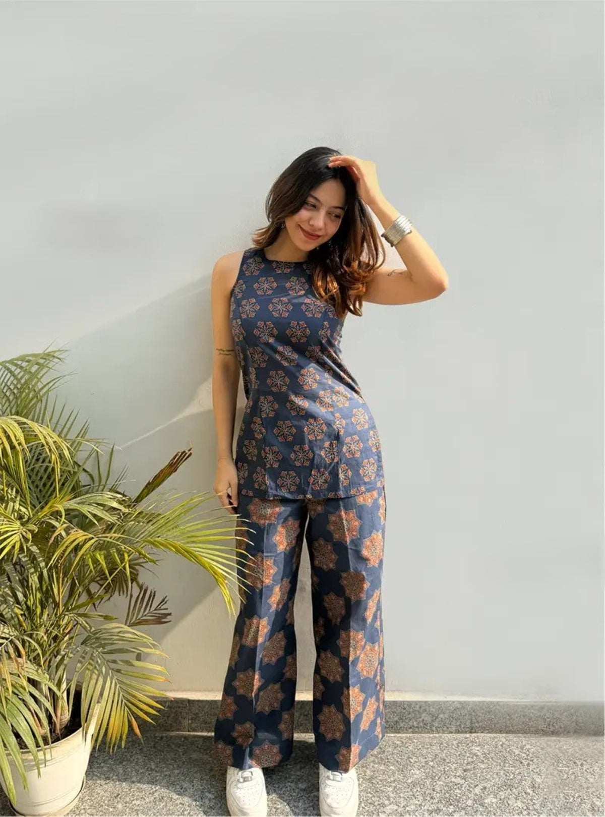 Navy Blue Floral Printed Regular Top with Palazzos