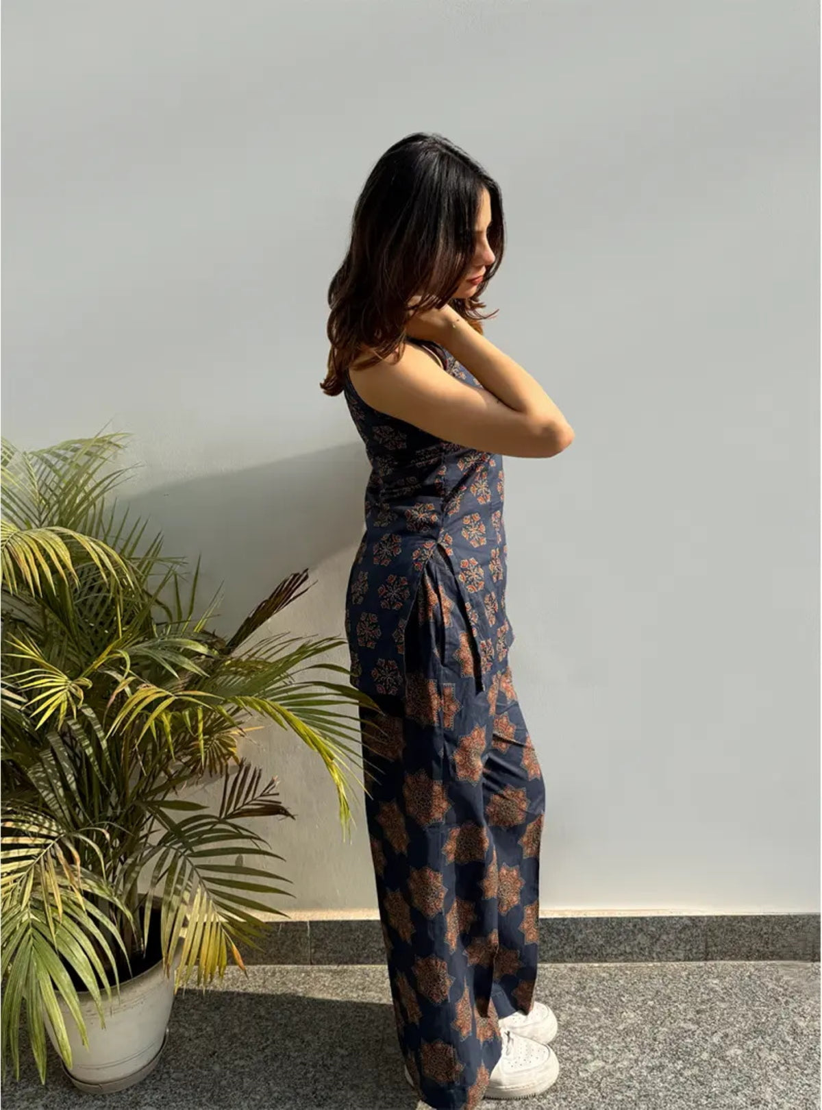 Navy Blue Floral Printed Regular Top with Palazzos