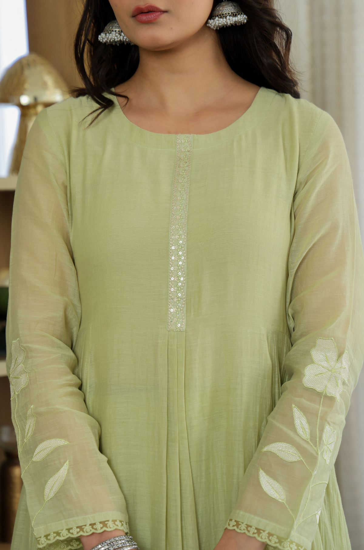 Devki Mint Green Silk Anarkali Kurta Set with Dupatta for Women