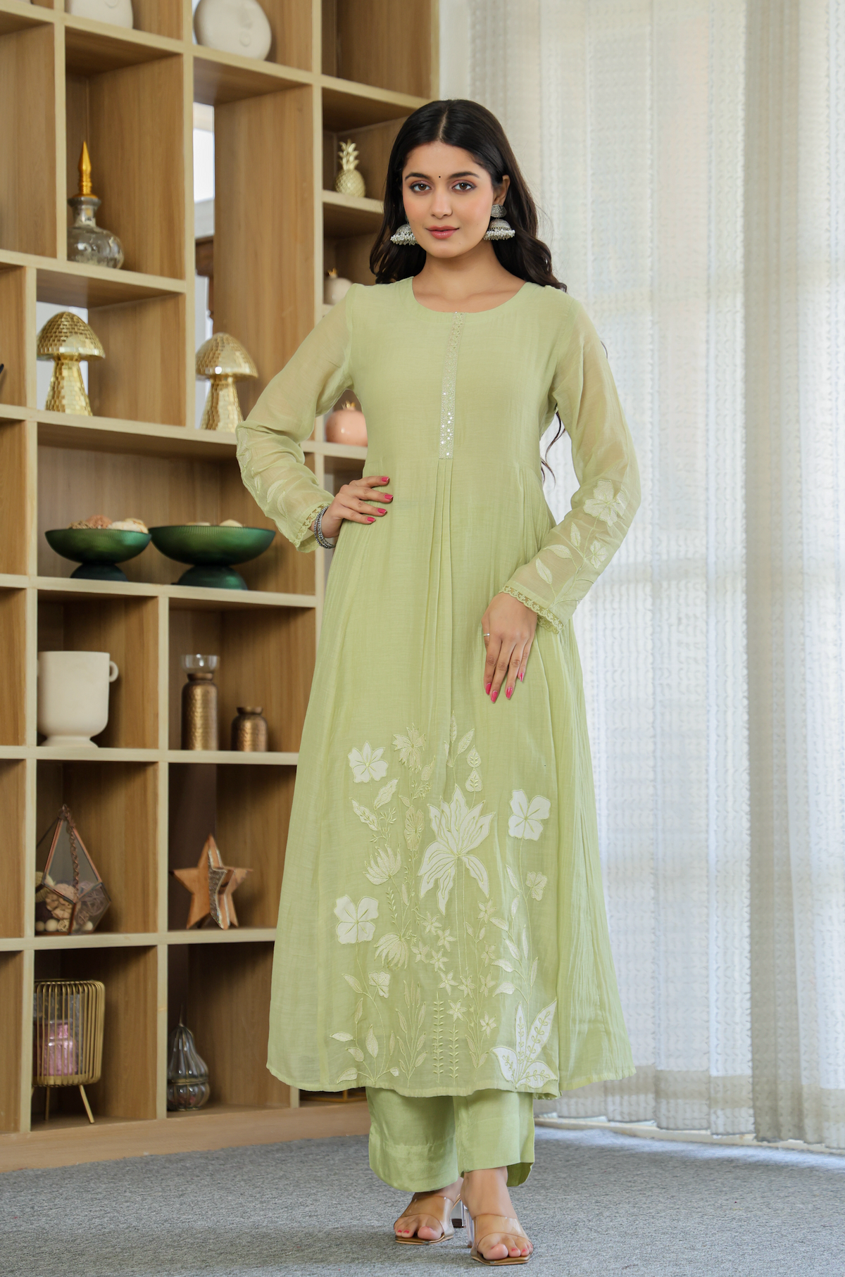 Devki Mint Green Silk Anarkali Kurta Set with Dupatta for Women