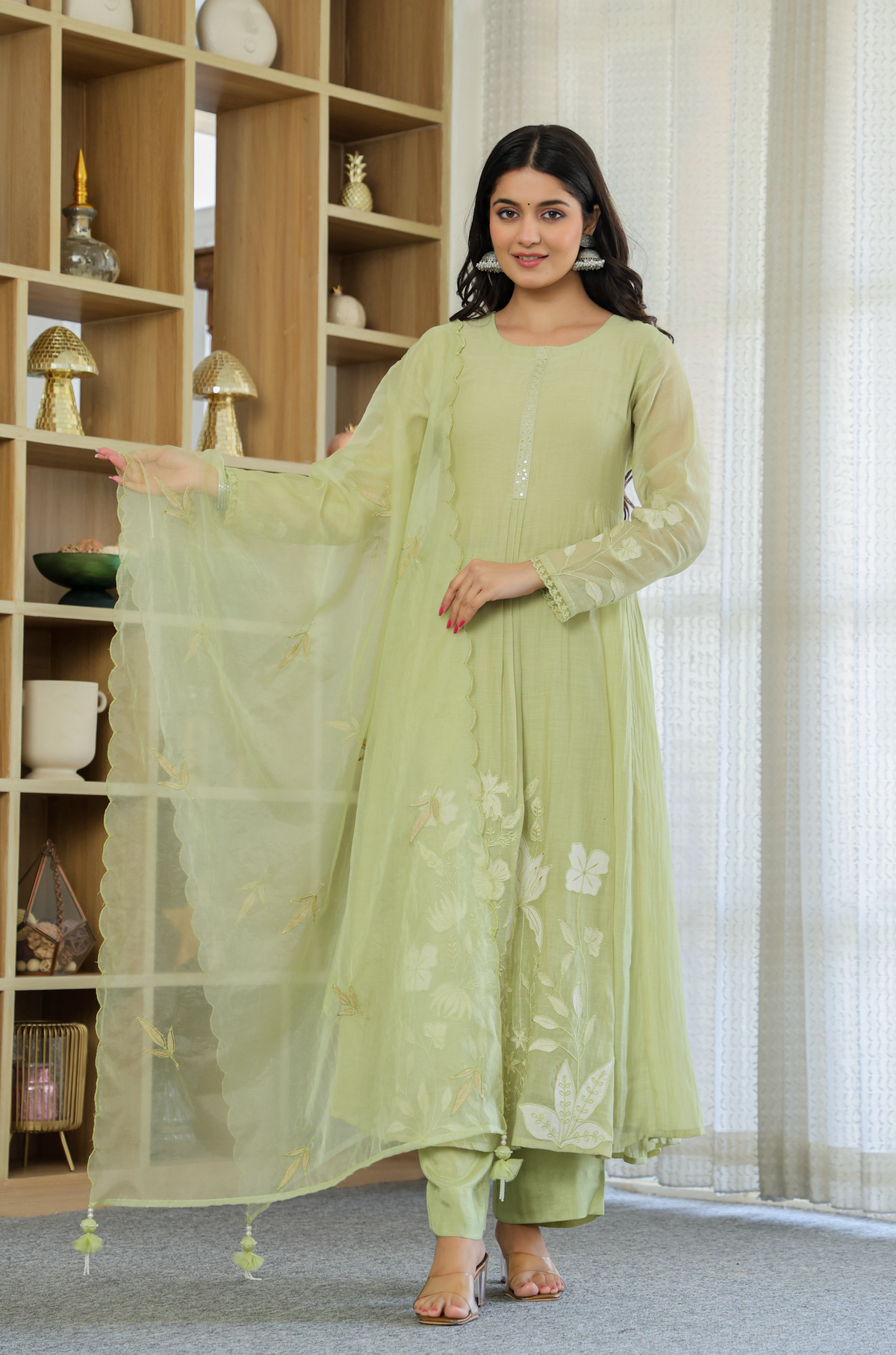 Devki Mint Green Silk Anarkali Kurta Set with Dupatta for Women
