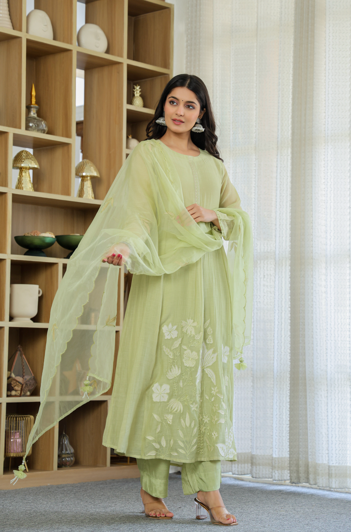 Devki Mint Green Silk Anarkali Kurta Set with Dupatta for Women