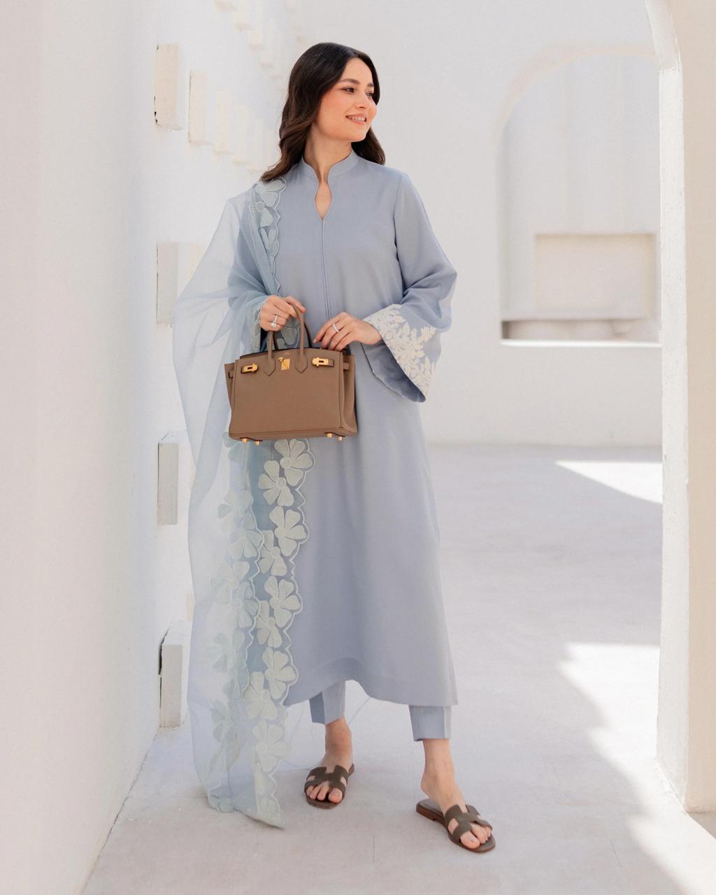 Pastel blue Embroidered Straight Kurta Suit Set for Women