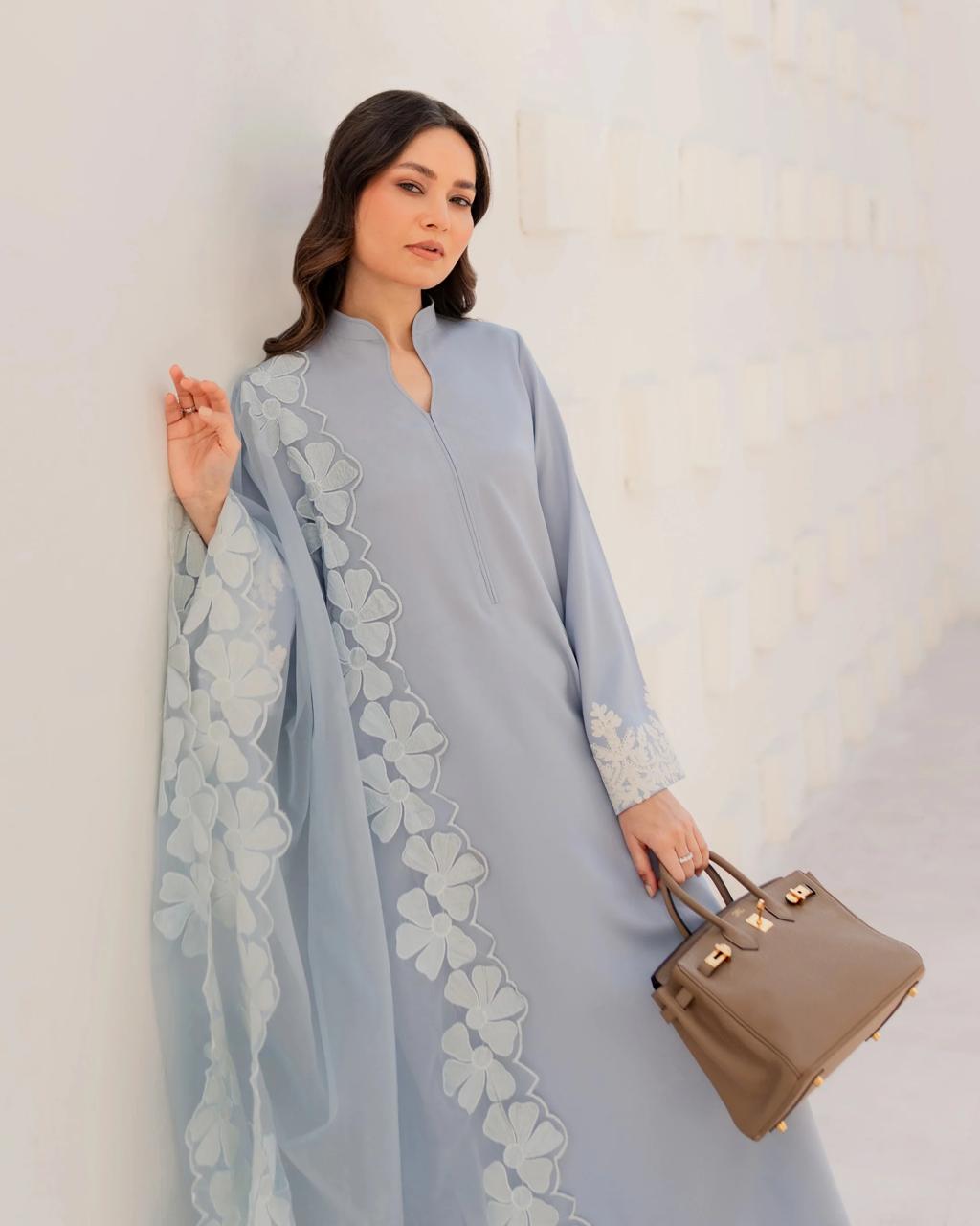 Pastel blue Embroidered Straight Kurta Suit Set for Women