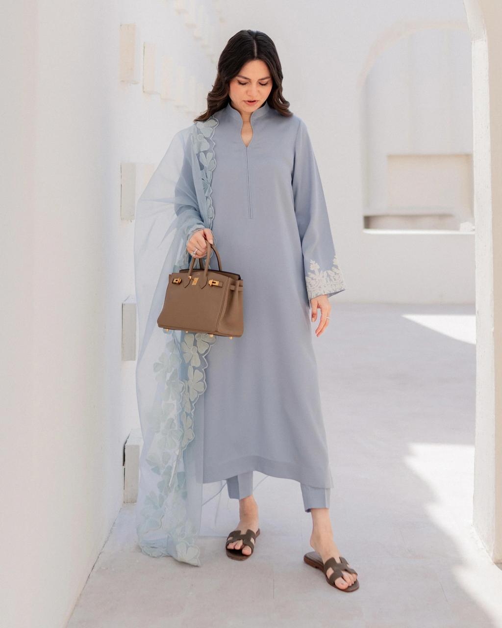 Pastel blue Embroidered Straight Kurta Suit Set for Women