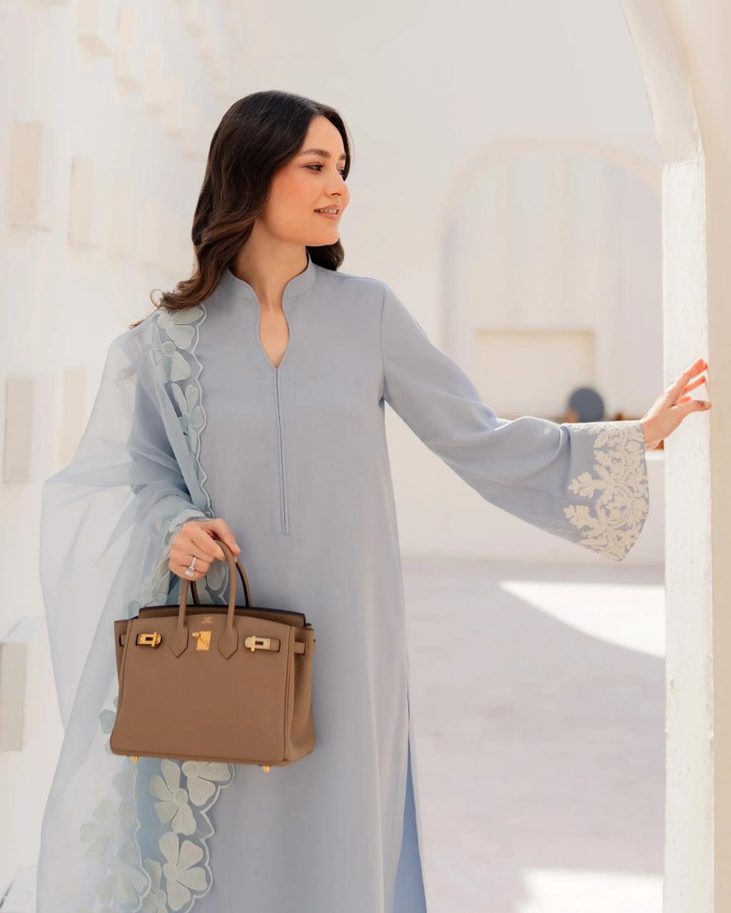 Pastel blue Embroidered Straight Kurta Suit Set for Women