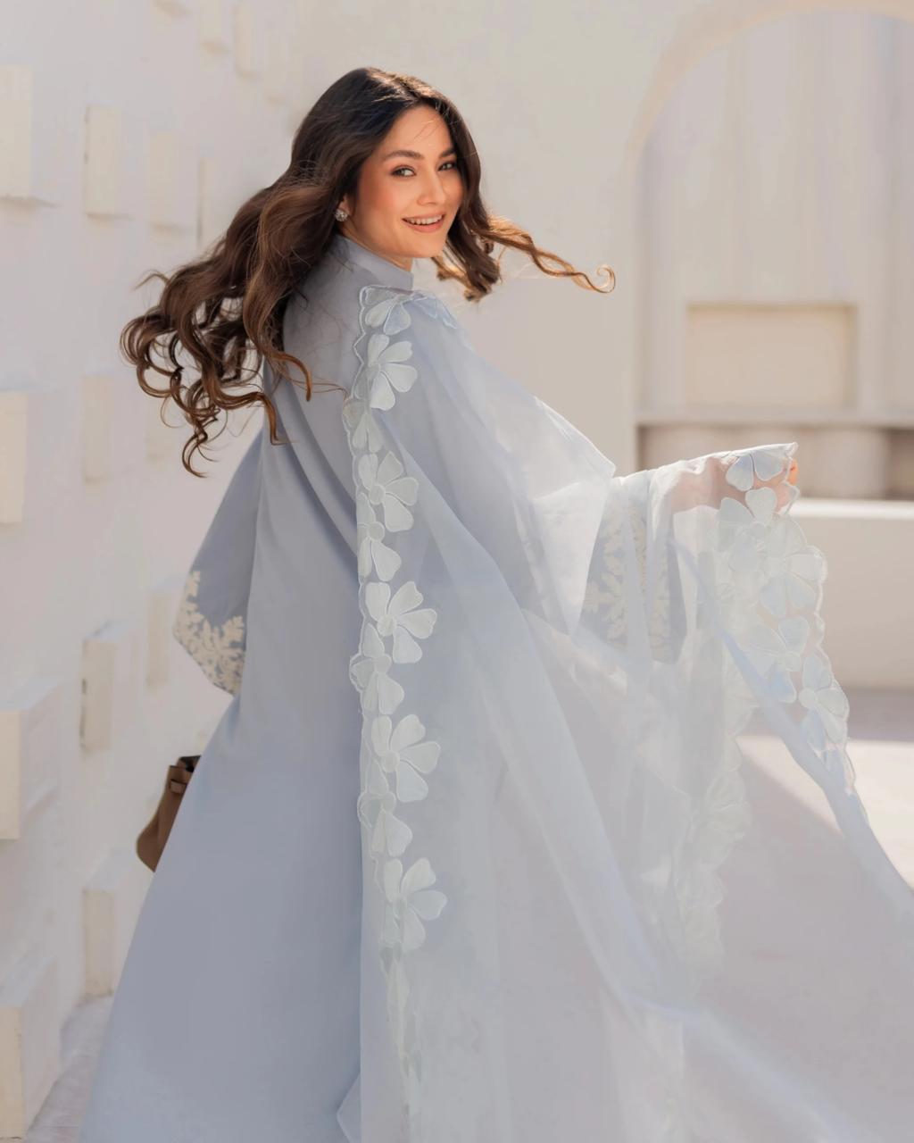 Pastel blue Embroidered Straight Kurta Suit Set for Women