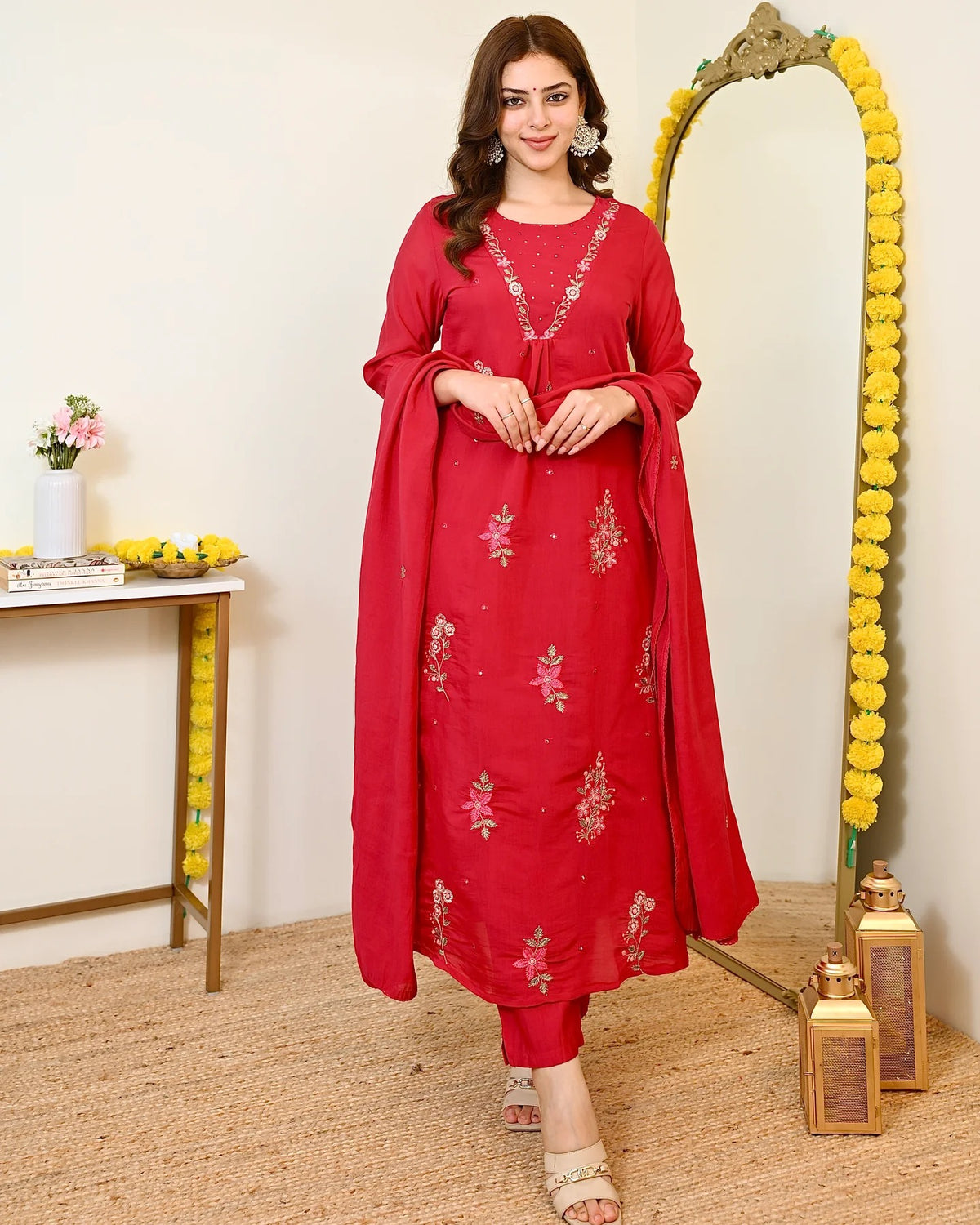 Women's Red Embroidered Straight Kurta Set With Dupatta And Pant