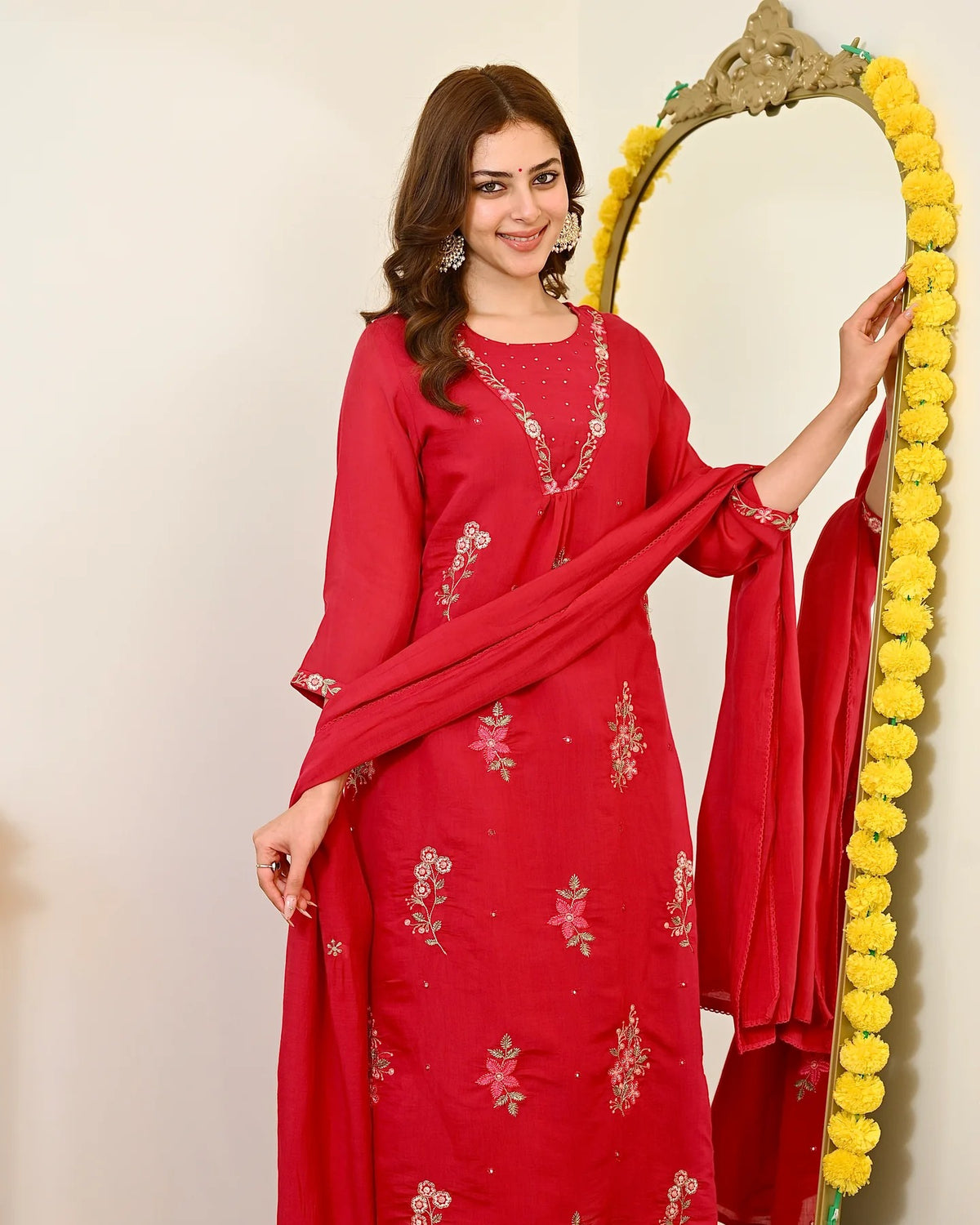 Women's Red Embroidered Straight Kurta Set With Dupatta And Pant