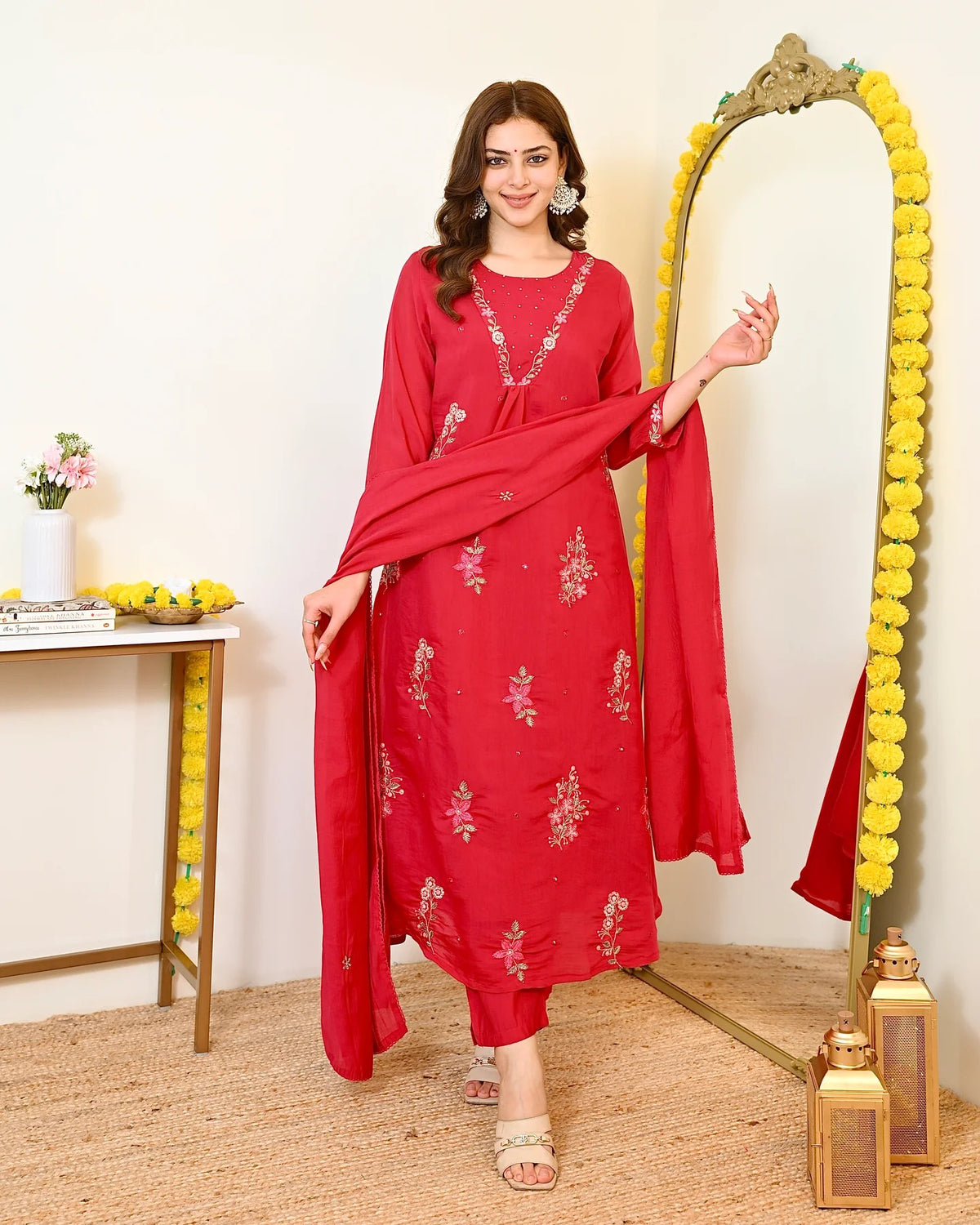 Women's Red Embroidered Straight Kurta Set With Dupatta And Pant